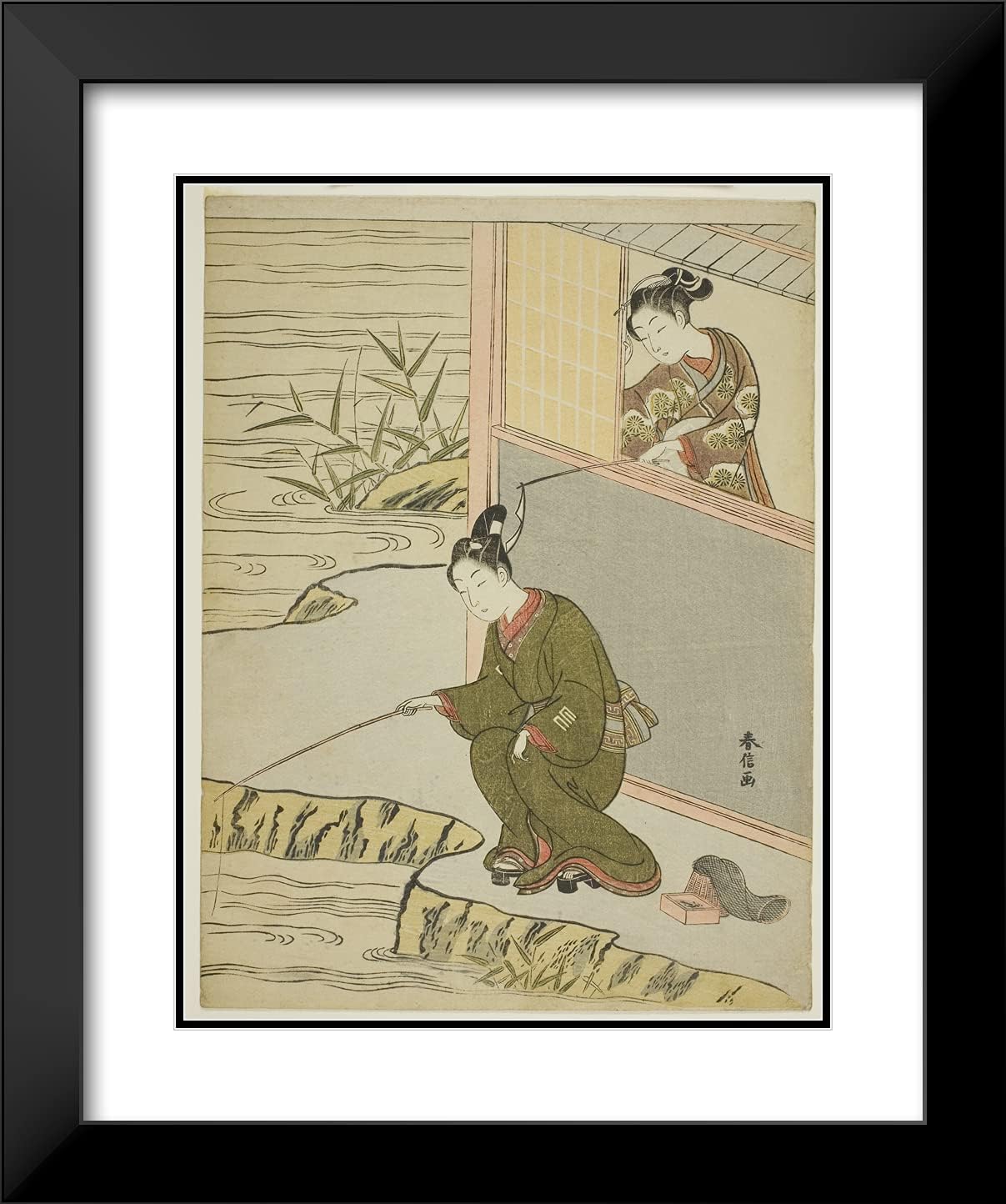 ArtDirect Suzuki Harunobu 20x24 Black Modern Framed and Double Matted Art Print Titled Beauty Teasing a Young Man Fshing