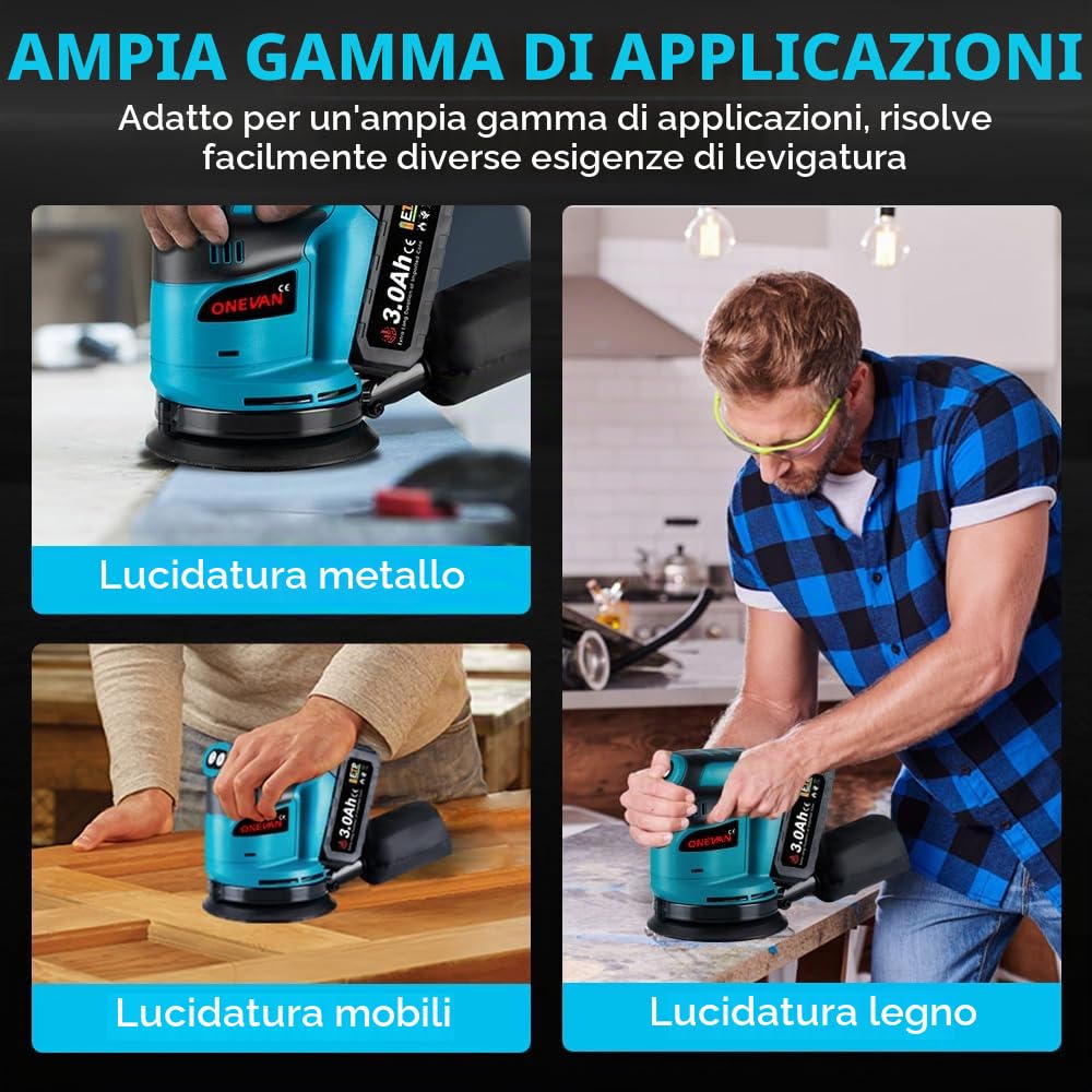 ONEVAN Levigatrice Rotoorbitale a Batteria 125mm, Levigatrice Eccentrica 12000 Giri/min, con Sacchetto per la Polvere e 2 Batterie da 3.0Ah, Smerigliatrice Elettrica per Legno e Metallo