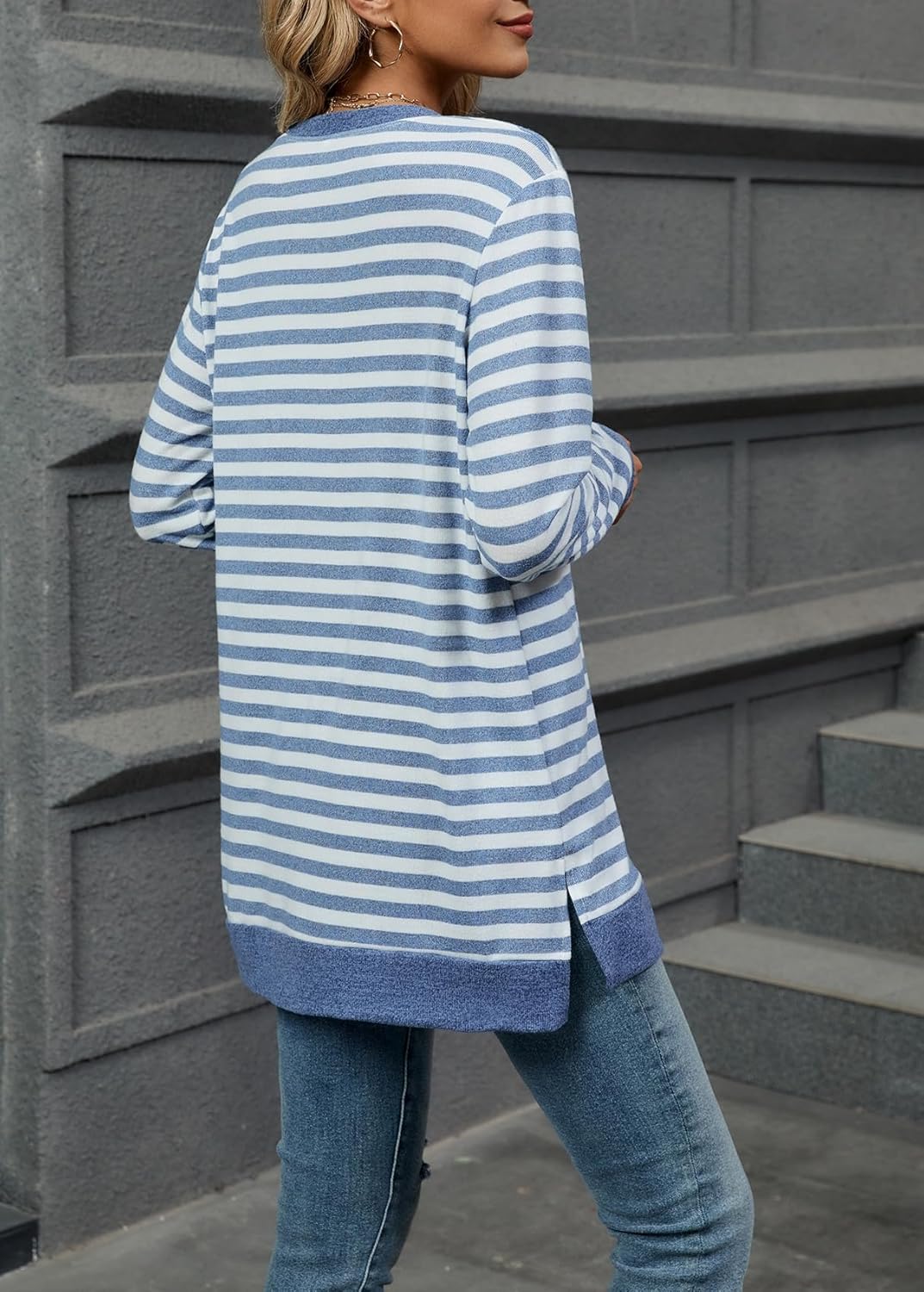 Womens Casual Striped Long Sleeve Shirt Trendy Crew Neck Slim Loose Fit Basic Blouses Tops - Image 3