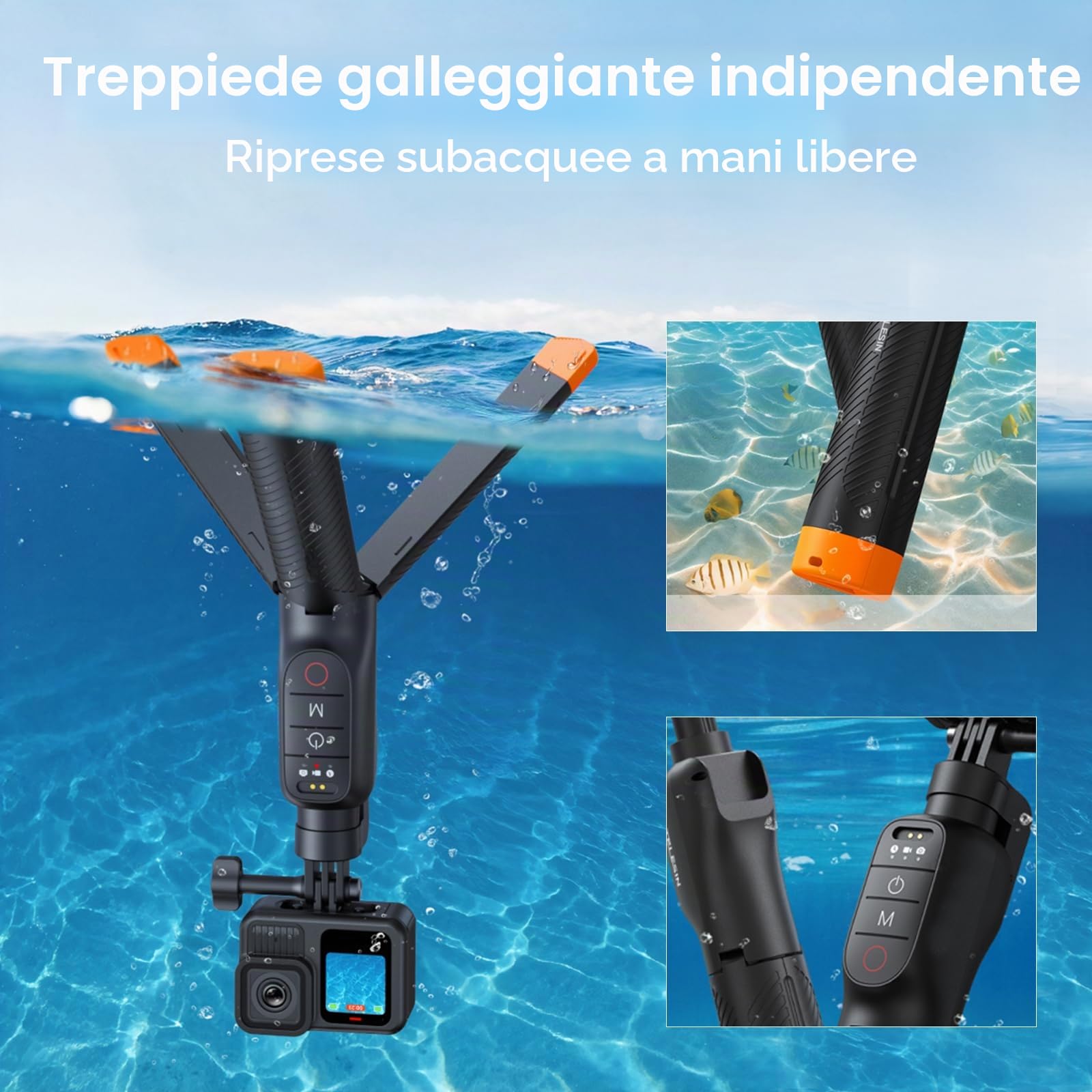 Manico galleggiante Selfie Stick Treppiede Impermeabile Estensibile Selfie Monopiede Maniglia con Telecomando Bluetooth per Go Pro Hero13 Black, Hero 12 11 10 9 8 Black Action Camera