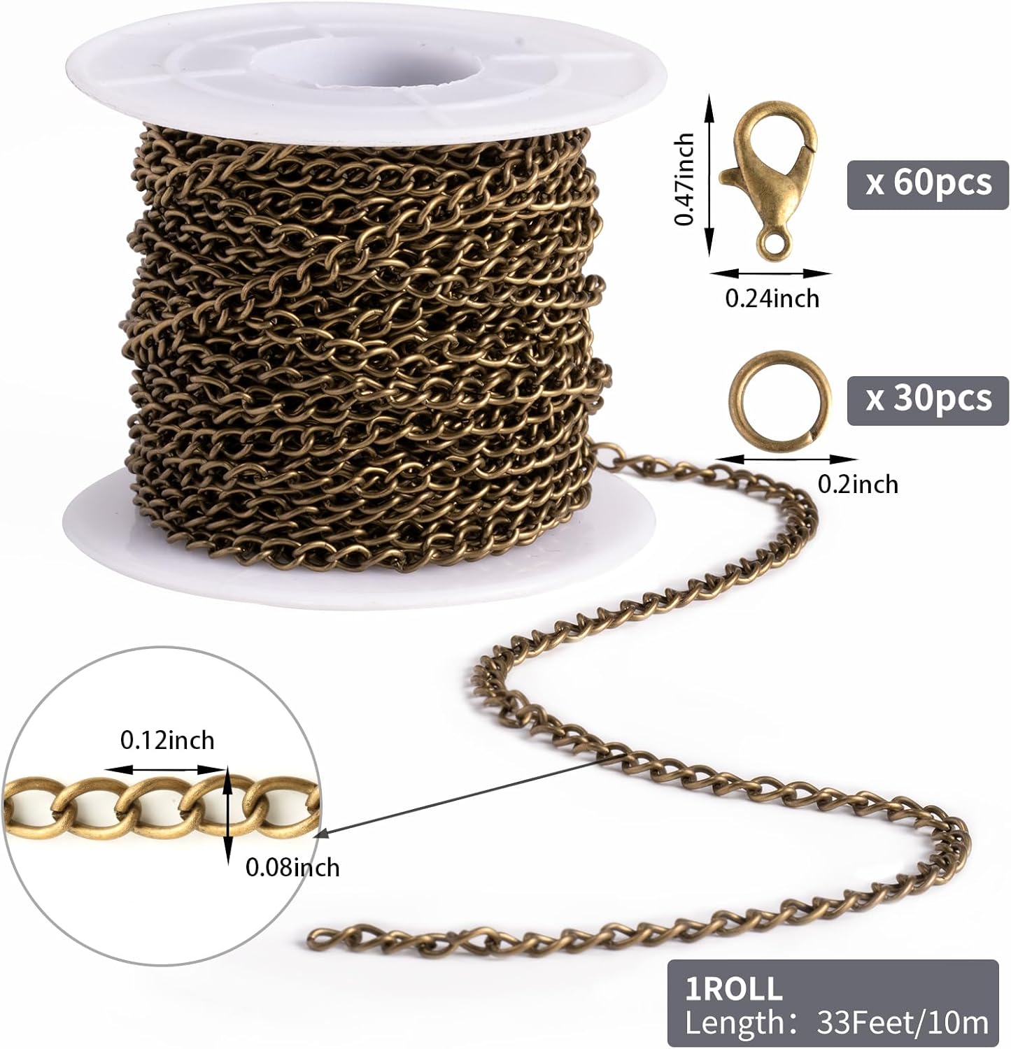 Lemonkey 33 Feet Metal Bronze Necklace Chains Curb Links Chains Bulk for Jewelry Making DIY Craft Kit with Lobster Clasps Jump Rings - Image 2
