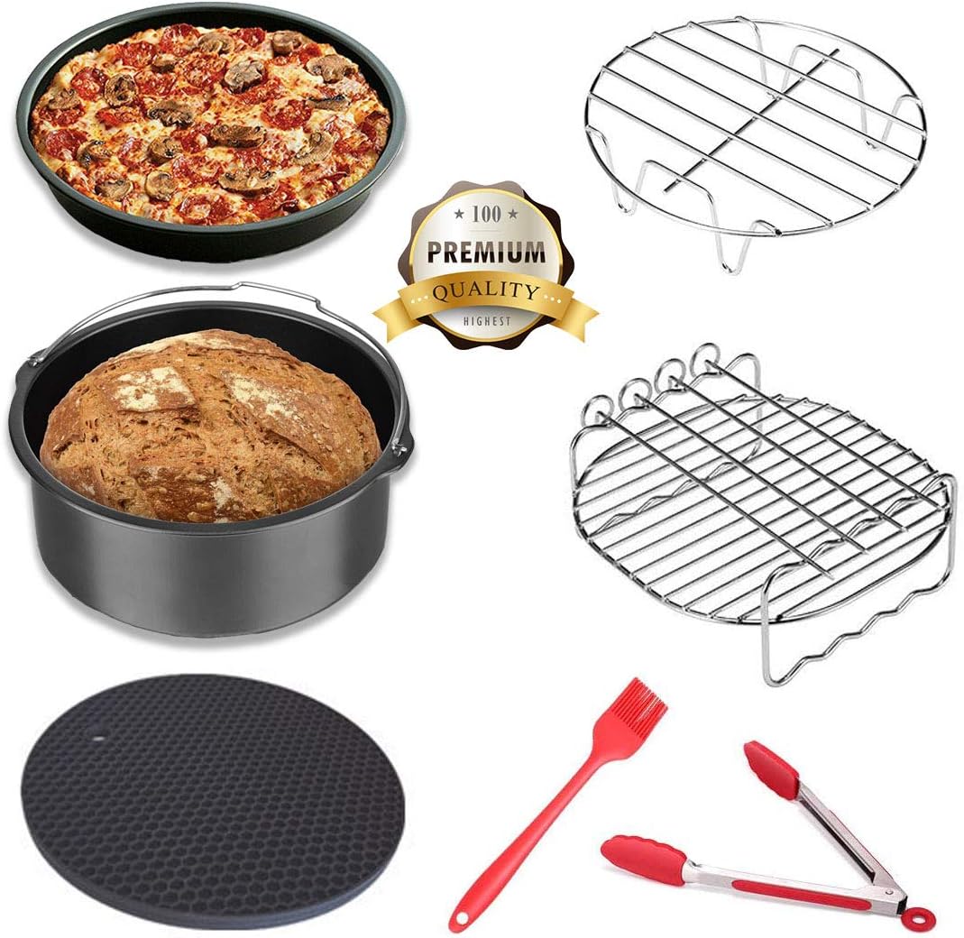 Air Fryer Accessories, 7 PCS Airfryer Accessory Kit for 3.7QT / 5.3QT / 5.8QT AirFryer, Cake Barrel, Pizza Pan, Metal Holder, Metal Rack & 4 Skewers, Silicone Mat, Silicone Brush, Silicone Tong