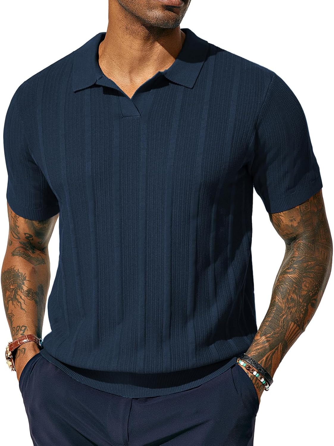 PJ PAUL JONES Mens Polo Shirts Regular Fit Textured V-Neck Knit Golf Polos