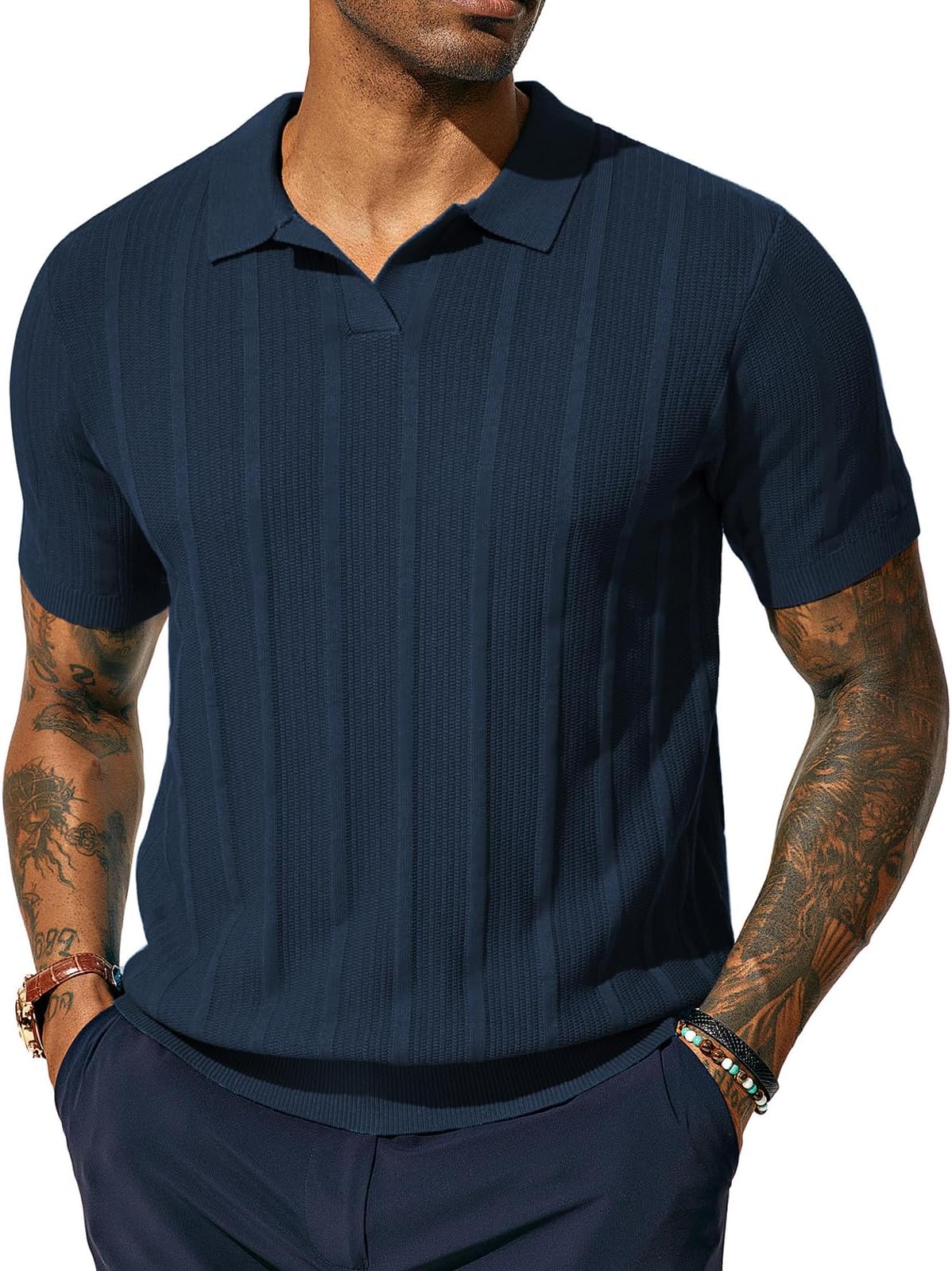 Mens Polo Shirts Regular Fit Textured V-Neck Knit Golf Polos