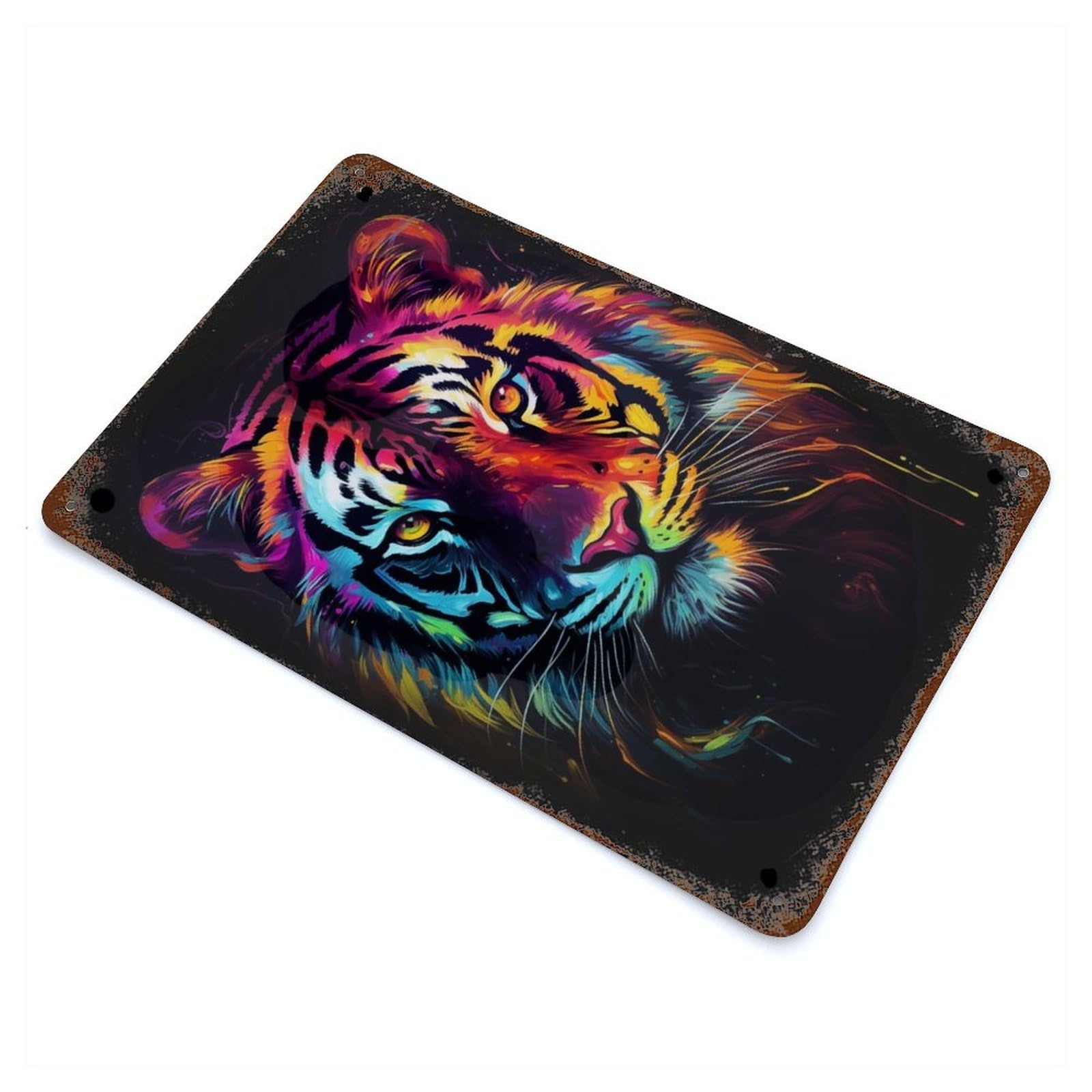 Rust Effect Tin Sign Colorful Tiger 11.8"x7.9", Vintage Wall Decor for Basement, Hobby Room And Garage Decor