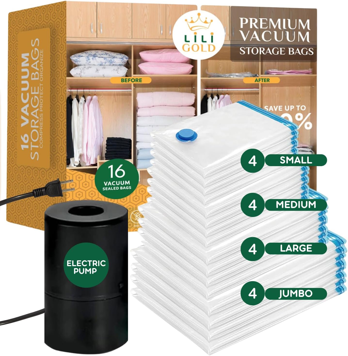 Vacuum Storage Bags with Electric Air Pump 16 Pack (4 Jumbo 4 Large 4 Medium 4 Small) Space Saver Bag for Clothes Blanket Duvets, Pillows, Comforters, Travel Vacuum Seal Bags, Reusable Compression