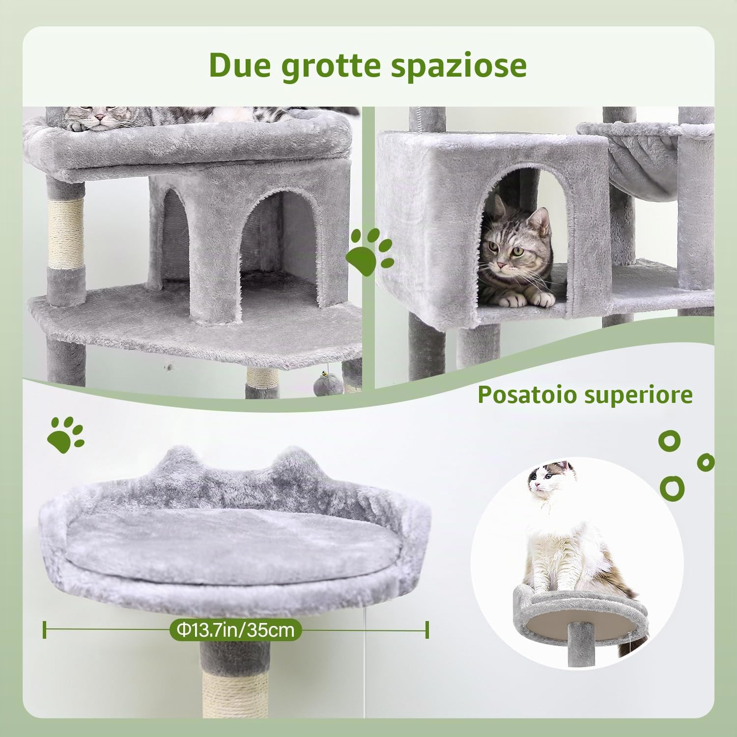 Globlazer Tiragraffi per Gatti Grandi, Castello per Gatto Alto 183 cm con Grotte Piattaforma Cesto Cuccia, Albero Gatti Stabile per Adulti Maine Coon Riposare Giocare Interno (S72, Grigio Scuro)