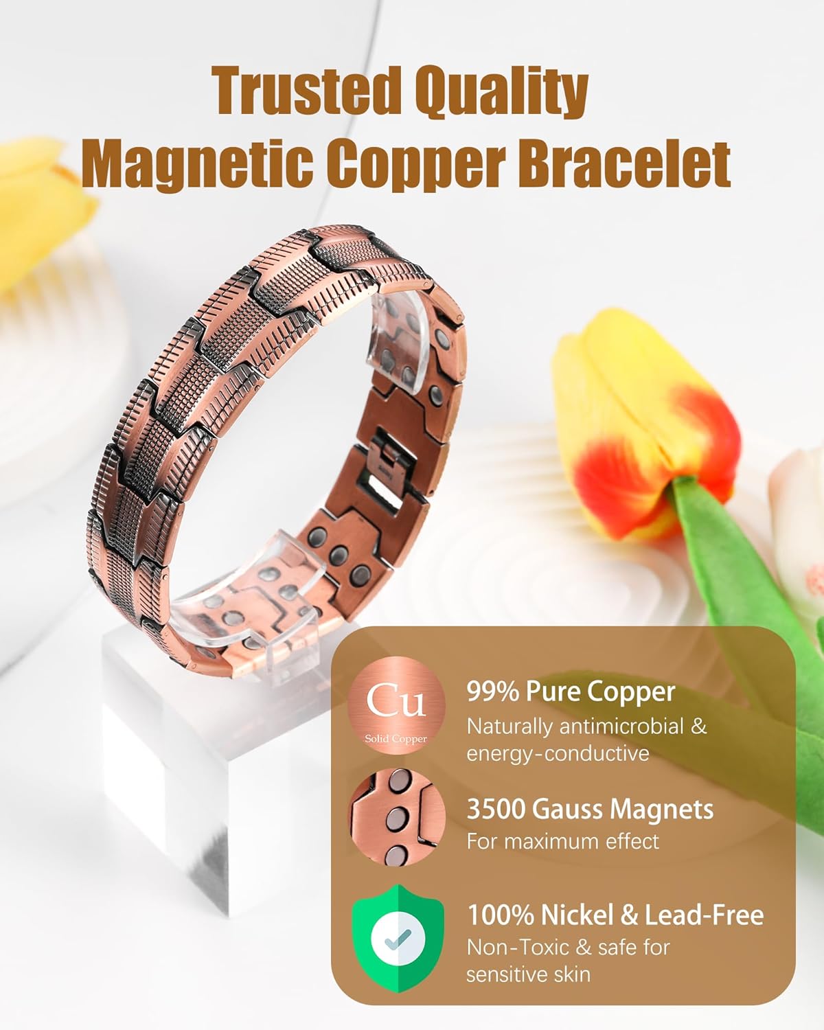 Copper Bracelet for Men, 3X Strength Magnetic Copper Bracelets for Men with 3500 Gauss Magnets, Adjustable Length with Sizing Tool - Image 3