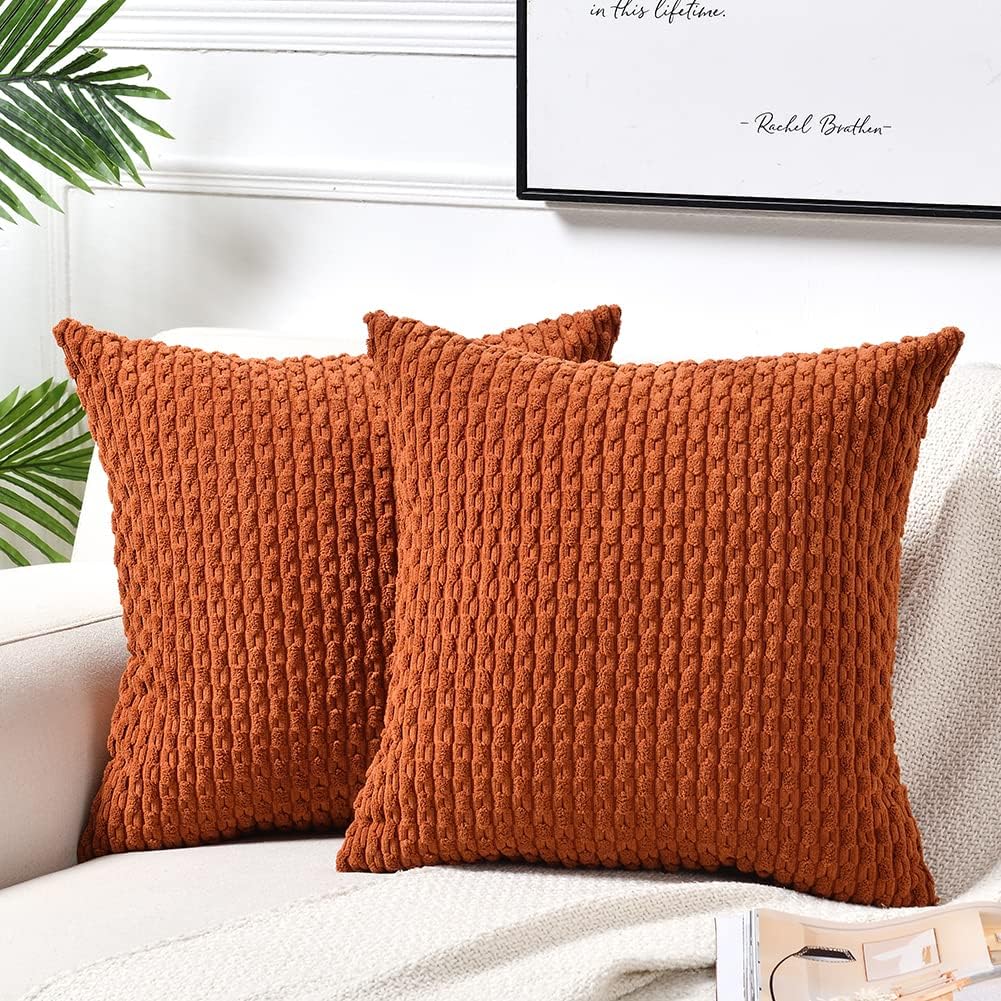Fancy Homi2 Packs Rust Decorative Throw Pillow Covers 18x18 Inch for Couch Bed Sofa, Modern Farmhouse Boho Home Decor, Soft Cute Plush Corduroy Cushion Case 45x45 CM
