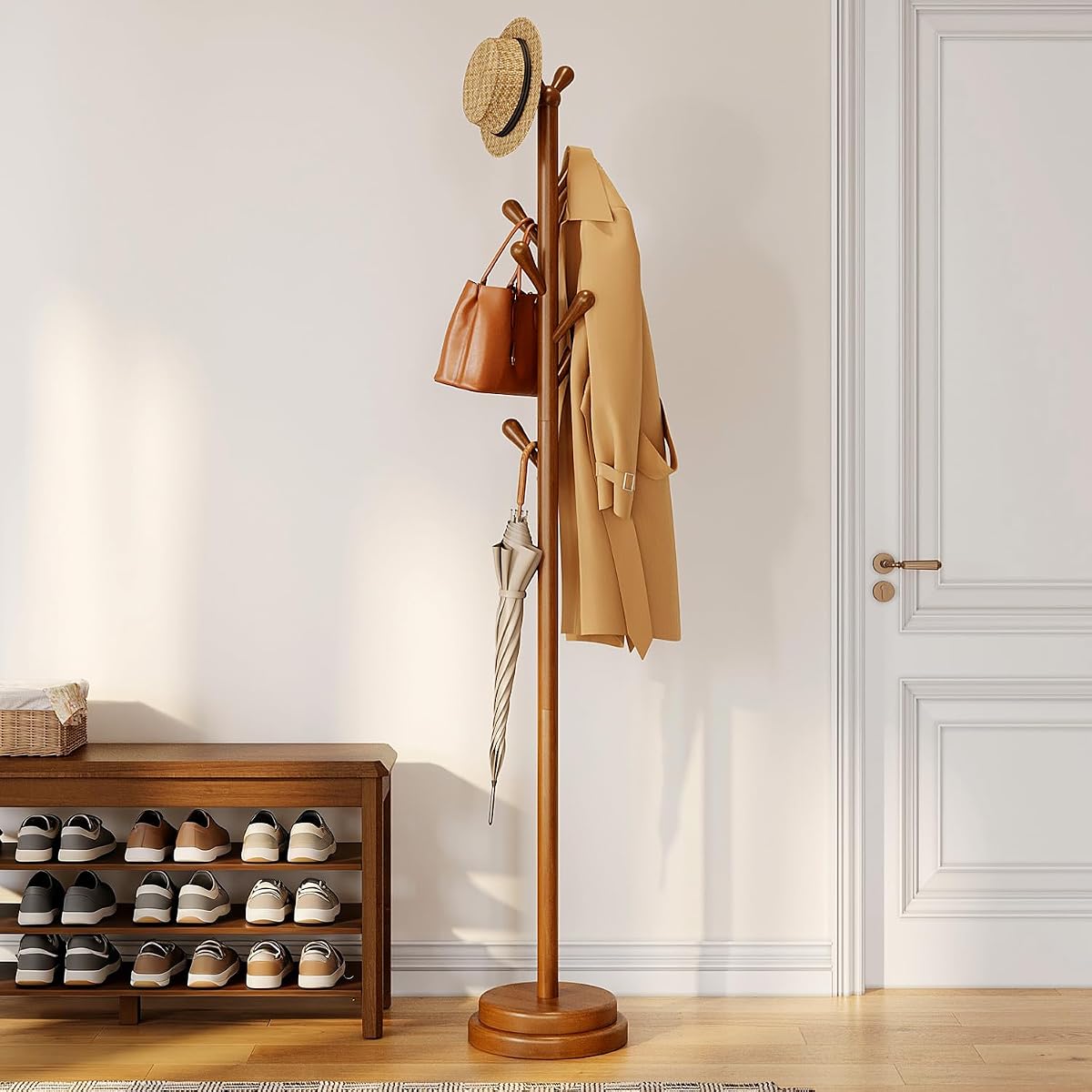 Perchero de madera maciza Perchero independiente con 8 ganchos | Perchero resistente de altura ajustable con ganchos redondeados y base de doble capa, sostiene abrigos, sombreros, bolsas para entrada, dormitorio