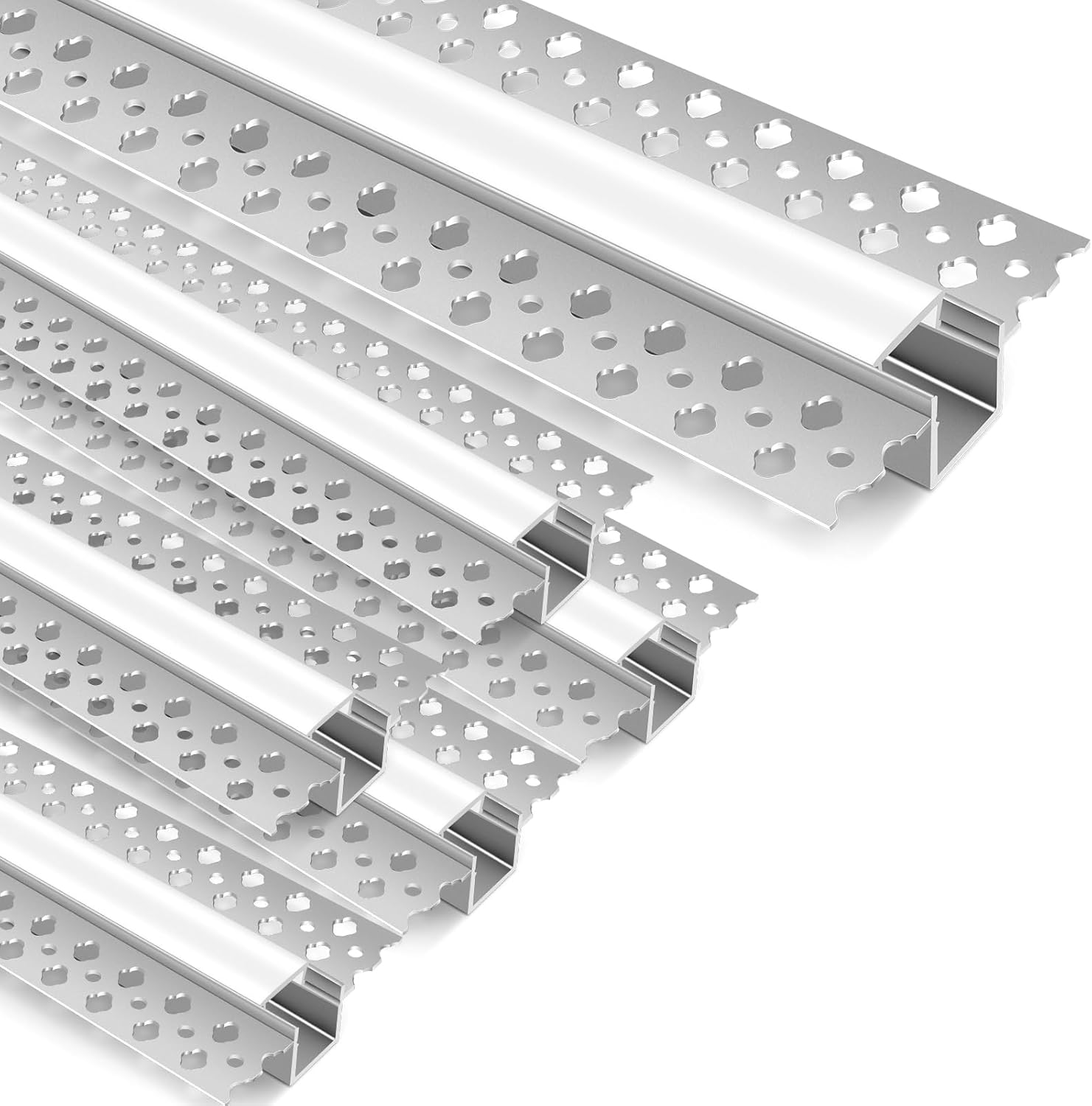 Aluminum LED Channel 6 Pack 1M (3.3FT) Each, Plaster-in Recessed Aluminum Profile for LED Strip Lights, Flanged Drywall Mount LED Strip Housing with Milky Cover, Dual Perforated Mounting Flange