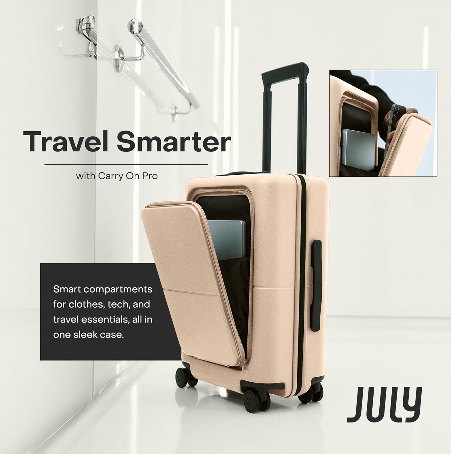 Carry On Pro - 20" Hardshell with Front Pocket, Airline Approved Carry On Luggage with Wheels, TSA Lock Rolling Suitcase, Silent Spinner Wheels, USB Ports & Ejectable Battery - Sand