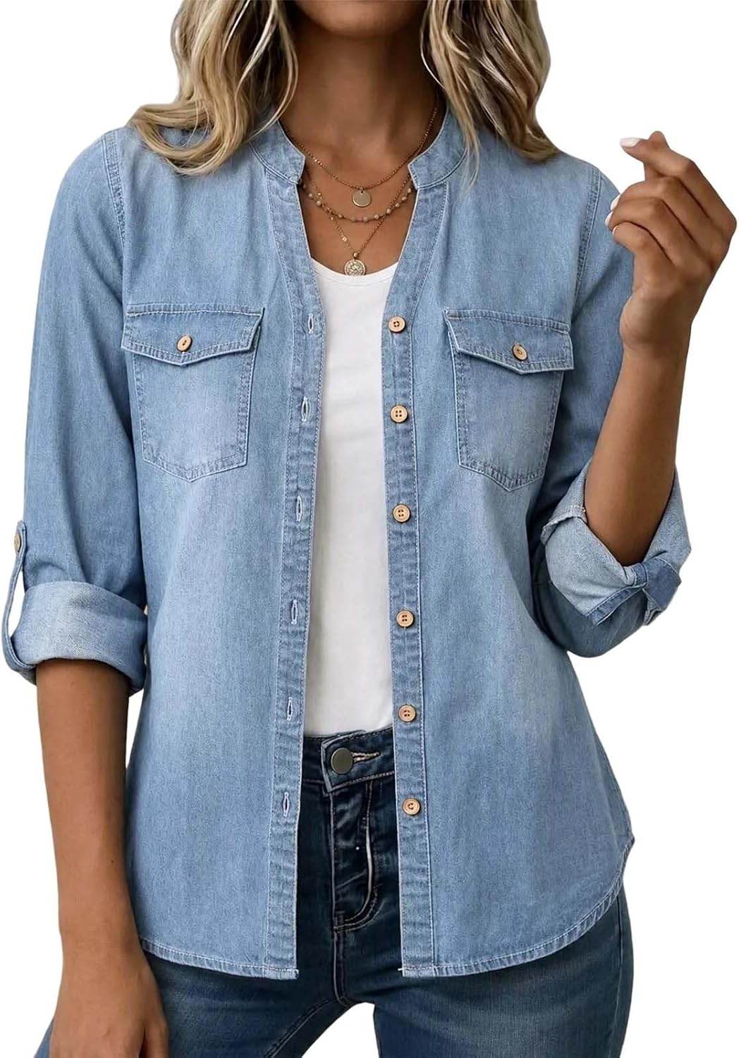 Women's Denim Shirt Button Front Roll Tab Sleeves Classic Shacket