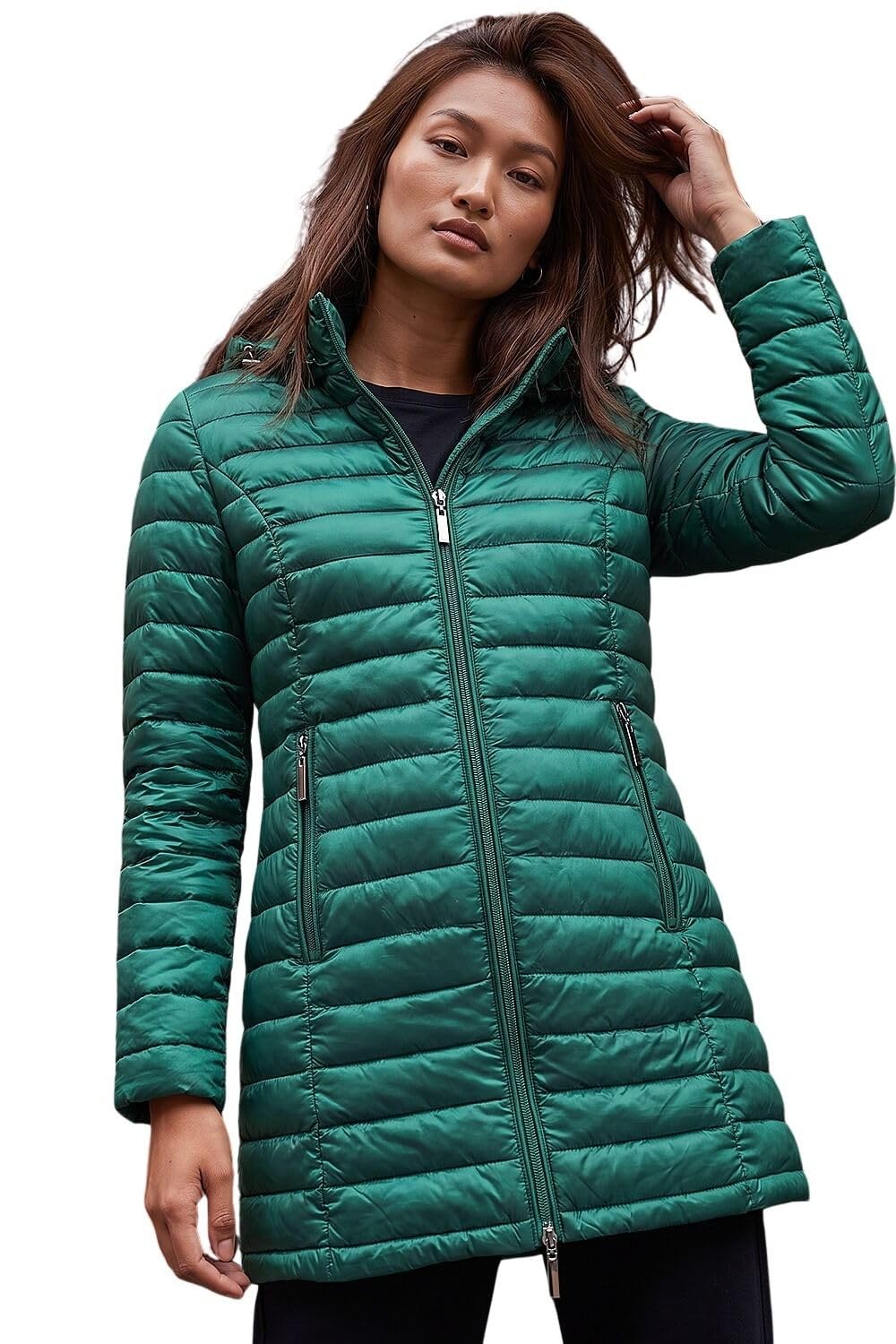 Roman Women's Green Longline Quilted Hooded Puffer Coat In Size 14