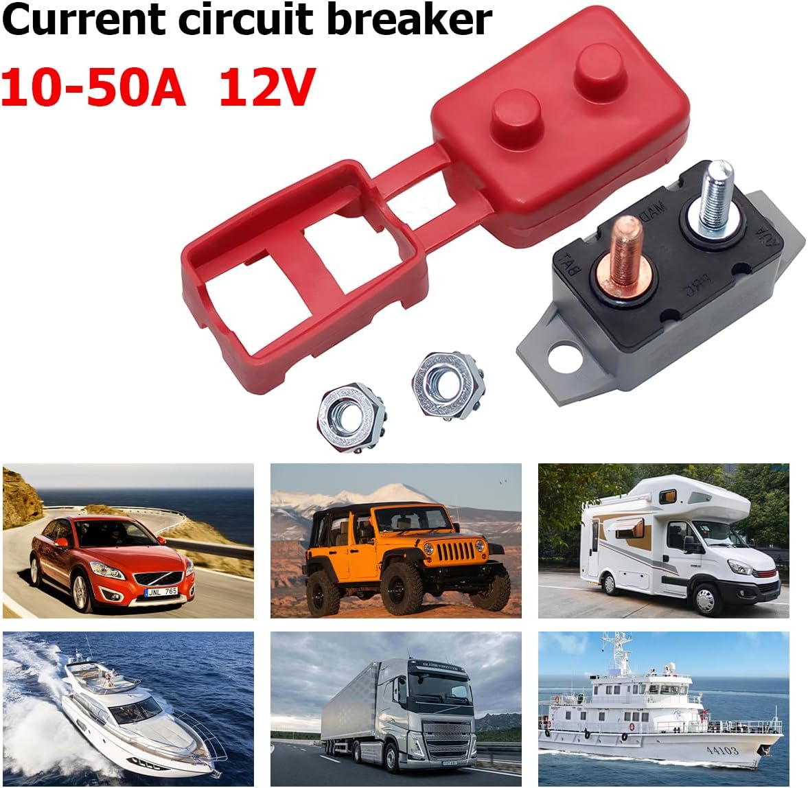 Osilly 2PCS 10 Amp Automatic Reset Circuit Breaker with Cover Stud Bolt, 12V 24V Type 1 Automotive Lengthwise Bracket for Battery Charger Electric Car Engine, Universal for Car Solar Boat RV(10A)