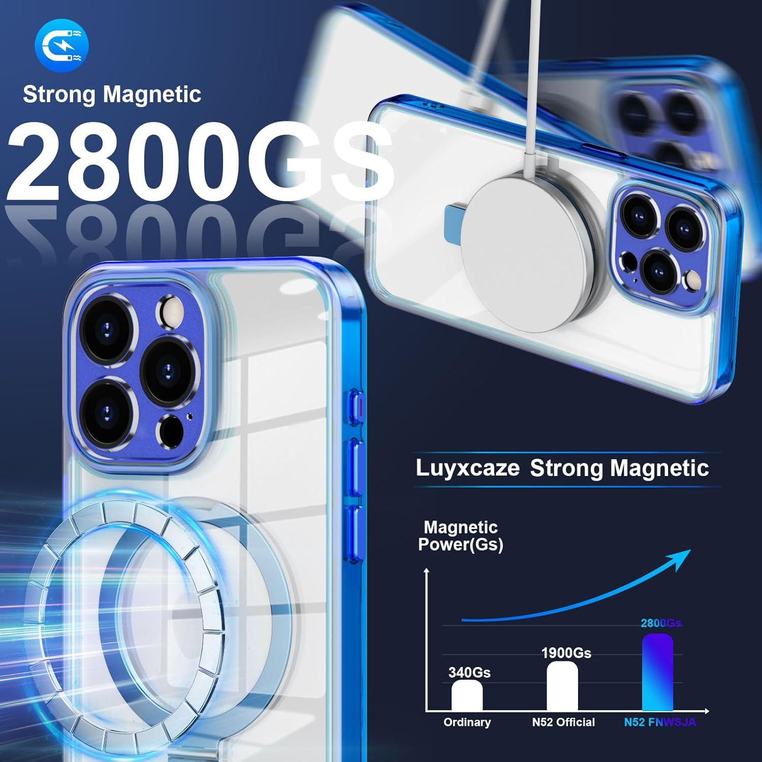 Magnetic Phone Case for iPhone 15 Pro 6.1 inches with Strong-Magnetic Ring Stand Compatible with Magsafe Military-Grade Shockproof, Camera All-Cover Protective Hard TPU+PC (Clear Blue)