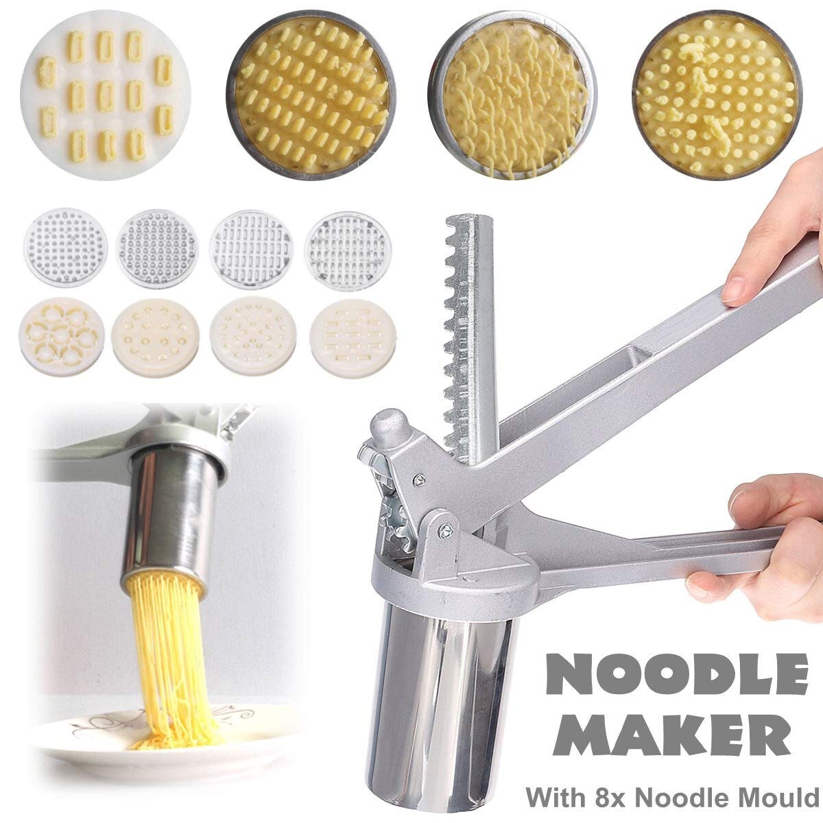 Macchina per la Pasta, Macchina per la Pasta Manuale, Macchina per la Pasta Manuale in Acciaio Inox, pressa per Pasta, manovella, spremiagrumi, Utensili da Cucina con 8 stampi per