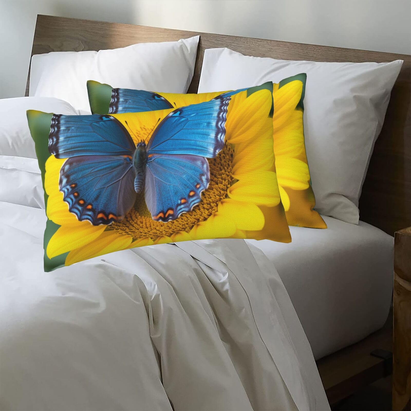 Sunflower Blue Butterfly Standard Pillowcases 20x30in Sets of 2, Ultra Soft Microfiber Plush Pillow Cases Comfort Decorative Throw Pillow Cover with Hidden Zipper for Bedroom, Sofa, Couch