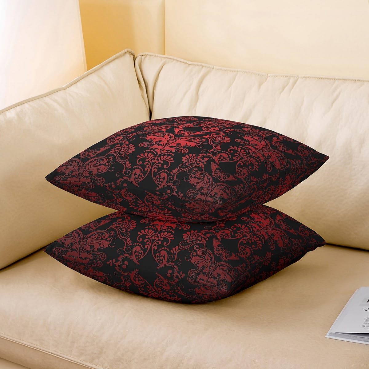 Red Ombre Damask Cushion Cover For Adult Girls Women Gothic Victorian Style Throw Pillow Cover Medallion Design Pillow Cover Bohemian Exotic Decorative Accent Pillow Case Sofa Couch,24x24 Inch