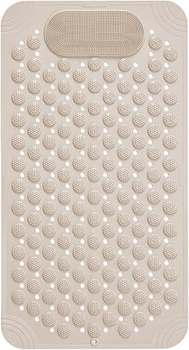 VHKD PVC Bathroom Door Bath mat Anti Slip Skid with Foot Scrubber for Room Shower Suction Cups Drain Holes Silicone Floor mat Rectangle (Beige) 70x35cm