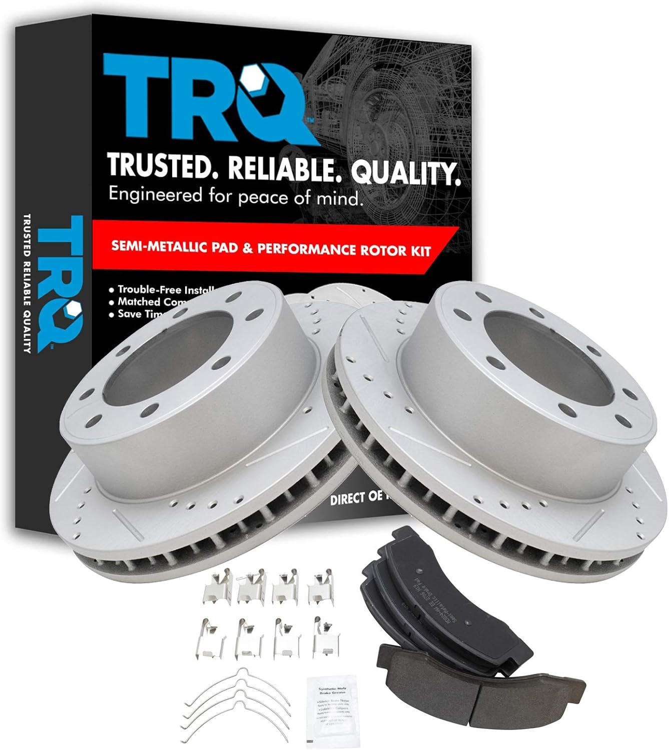 TRQ Front Performance Brake Pad & Rotor Kit Brake Pads Brake Rotors Set Semi-Metallic Premium G-Coated Compatible with 2000-2005 Ford Excursion 2000-2004 F-250 Super Duty F-350 Super Duty