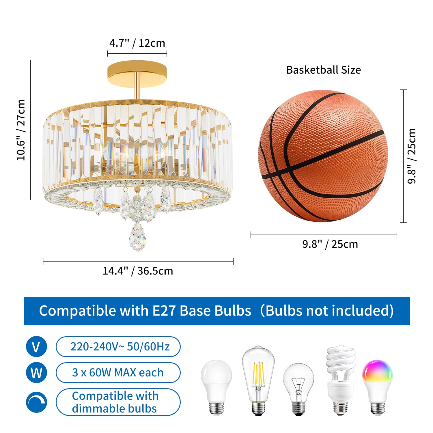 ANWIO Lampada da Soffitto Cristallo Oro, Plafoniera a Soffitto con Moderno 3 Luci, Lampadari Cristallo E27, Lampadario Soggiorno con Paralume in Vetro Per Camere da Letto, 36.5 CM(Senza Lampadine) way