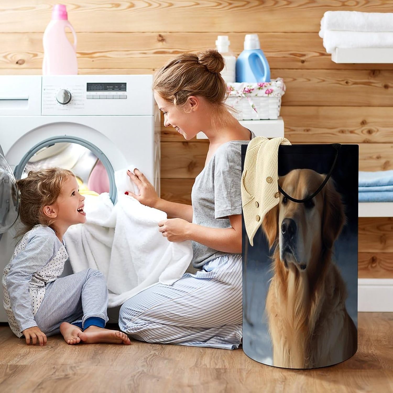 Golden Retriever Laundry Hamper with Handles Waterproof Collapsible Laundry Basket Large Lightweight Round Dirty Clothes Hamper for Home Dorm Bathroom Decor