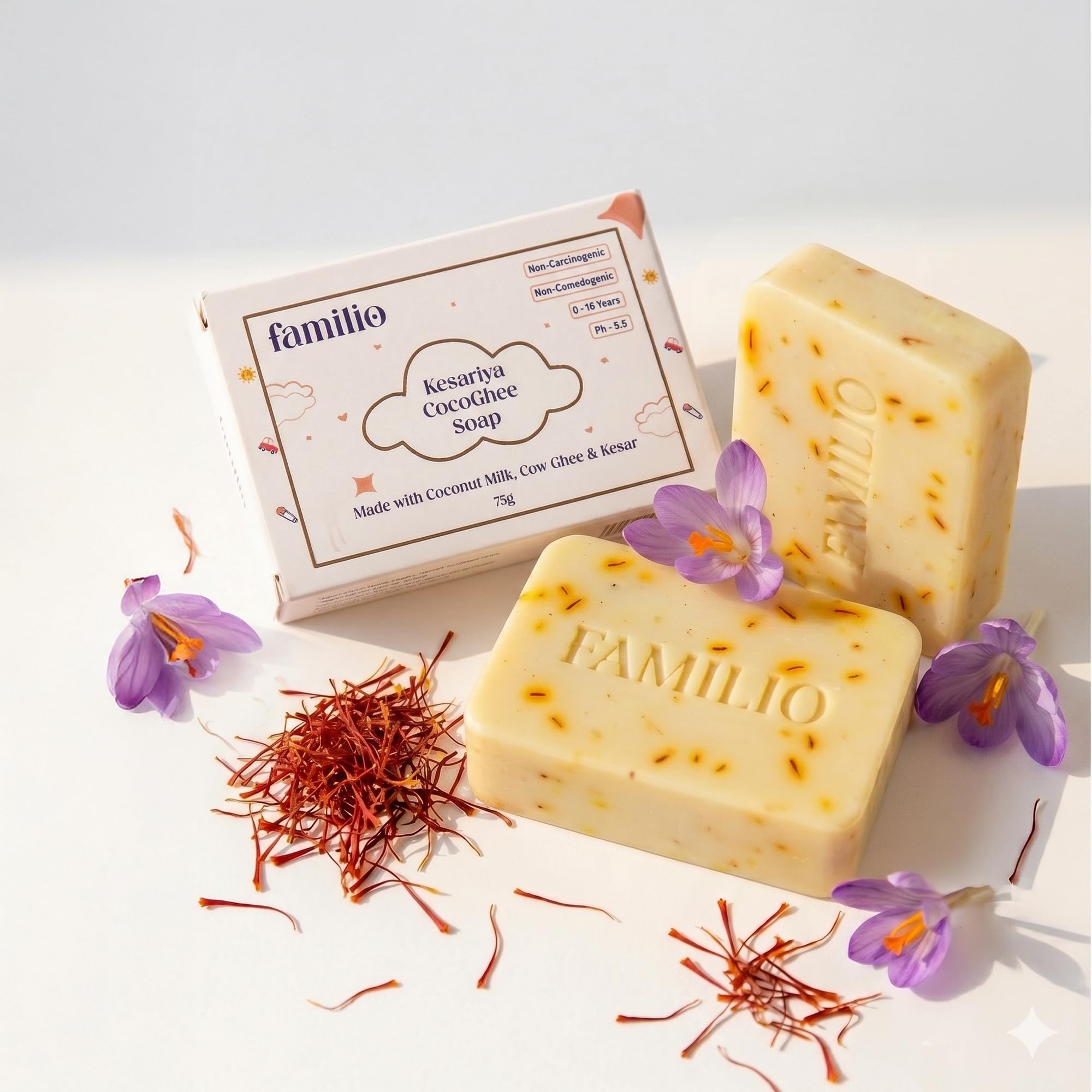 Familio CocoGhee Kesariya Kids Bathing Soap | Gentle Cleansing Bar for Sensitive Skin | With Coconut Oil, Cow Ghee & Oatmeal | Moisturizing & Mild for Daily Use | 75 MG (Pack of 2)-image-48