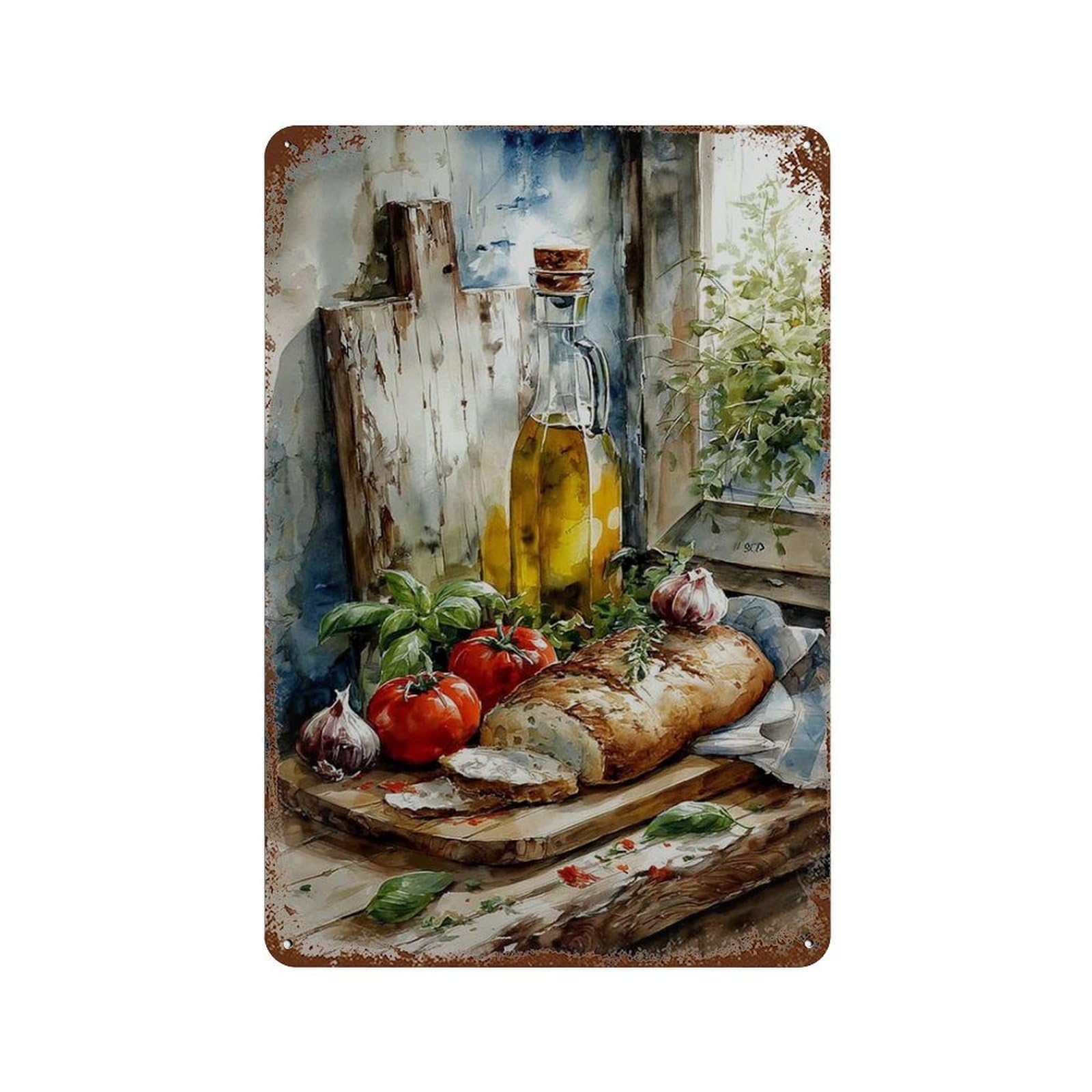 xiaoxiaoshen Rustic Kitchen Still Life Bread And Tomato Mediterranean Food Painting Farmhouse Wall Decor Art Metal Tin Poster Modern Home Decor Art Home Bar Shop Decorations Vintage Sign 30x20cm