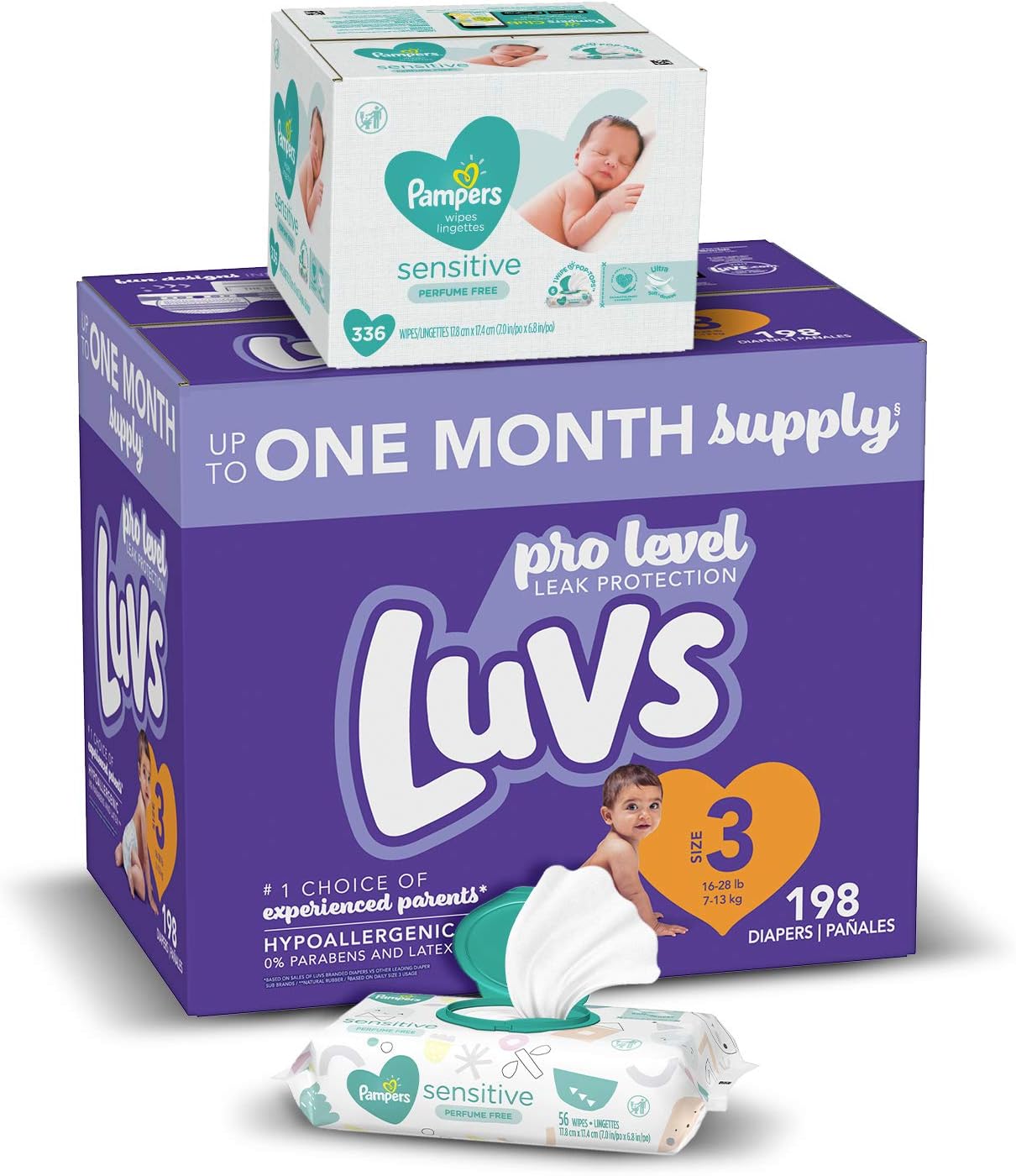 Diapers Size 3, 198 Count and Baby Wipes - Luvs Ultra Leakguards Disposable Baby Diapers, ONE Month Supply with Pampers Sensitive Water Based Baby Diaper Wipes, 6X Pop-Top Pack, 336 Total Wipes