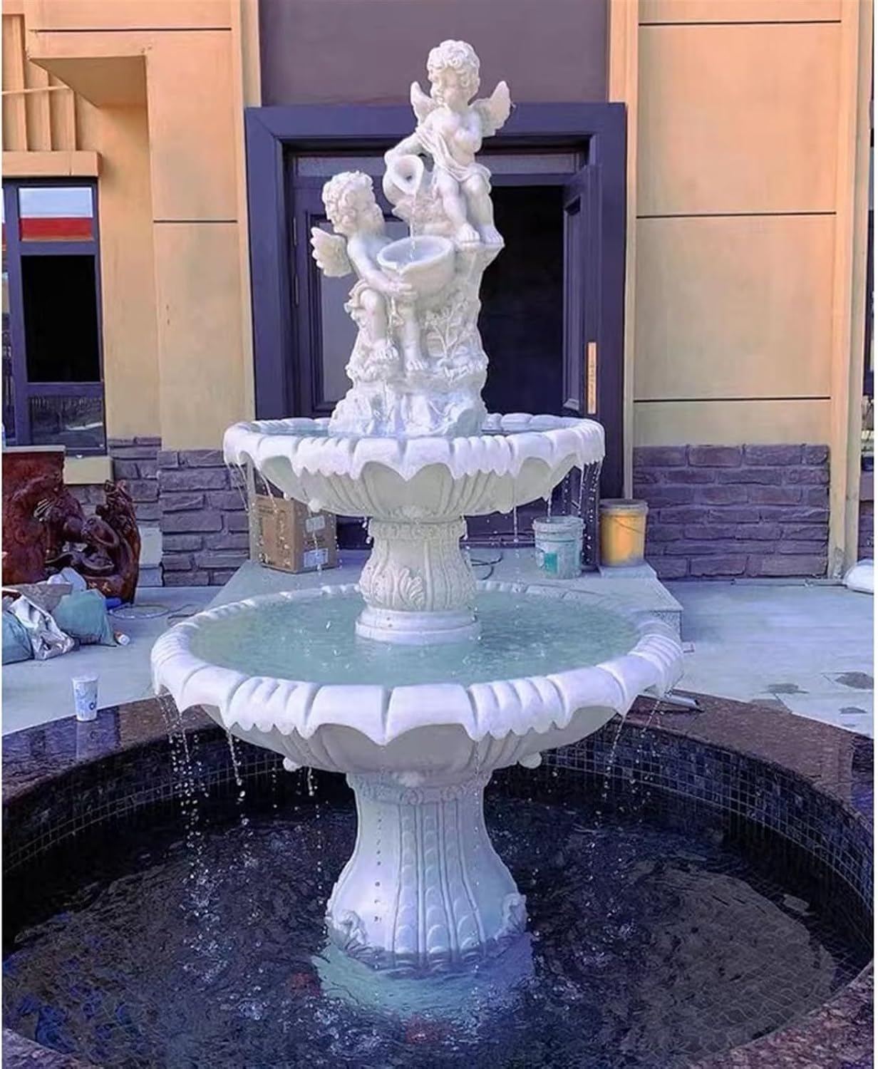 Tabletop Fountain Garden Courtyard Fountain Water Decoration, Outdoor Courtyard Landscape Fish Pond, Sandstone Fountain Angel Sculpture Tabletop Water Fountain (Color : A)