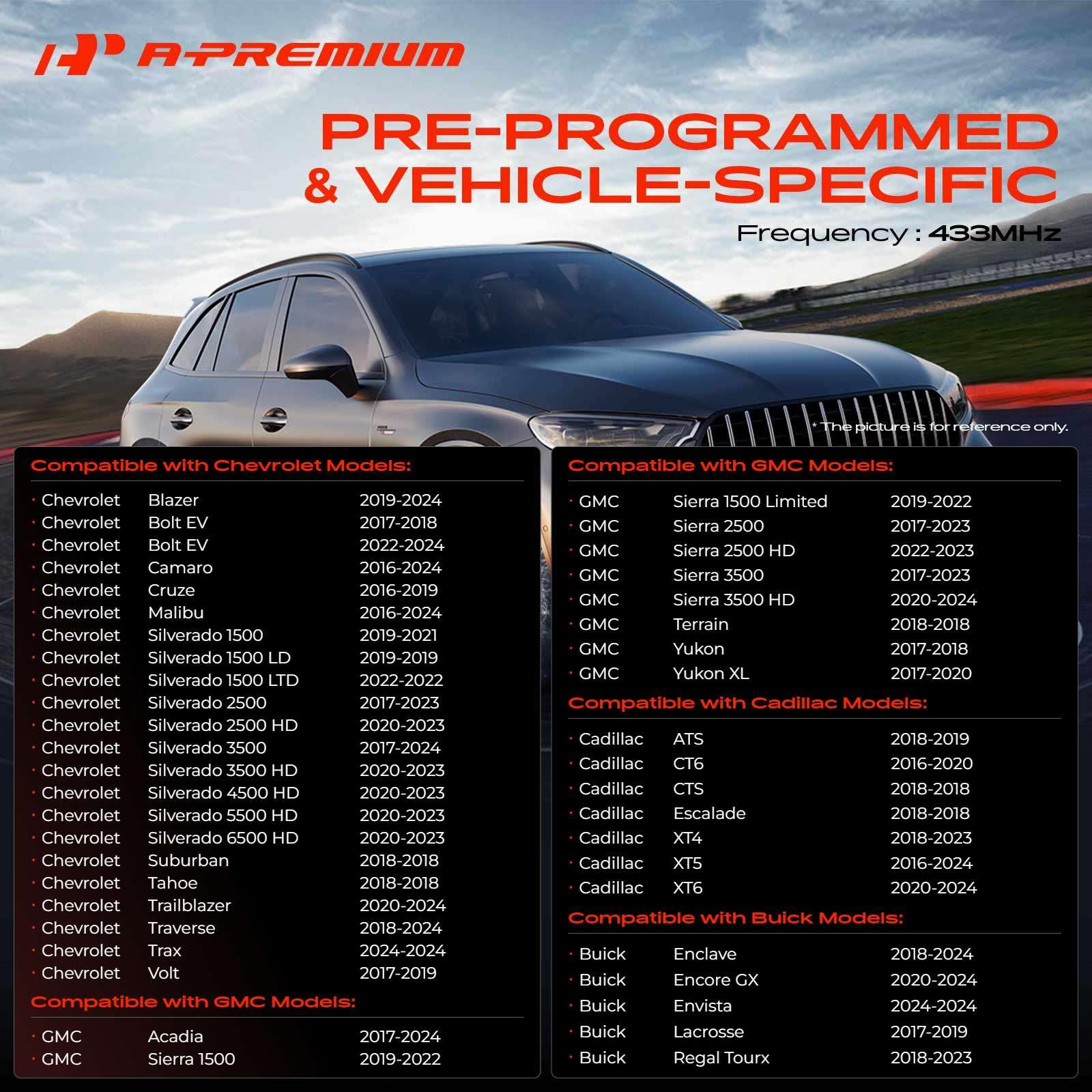 A-Premium Sensore TPMS preprogrammato da 433 MHz, sensore di monitoraggio della pressione degli pneumatici | Compatibili con Chevy, GMC, Cadillac e Buick, Camaro, Cruze, Malibu, Silverado, Sierra, Terrain, Yukon, Lacrosse, 4 pezzi