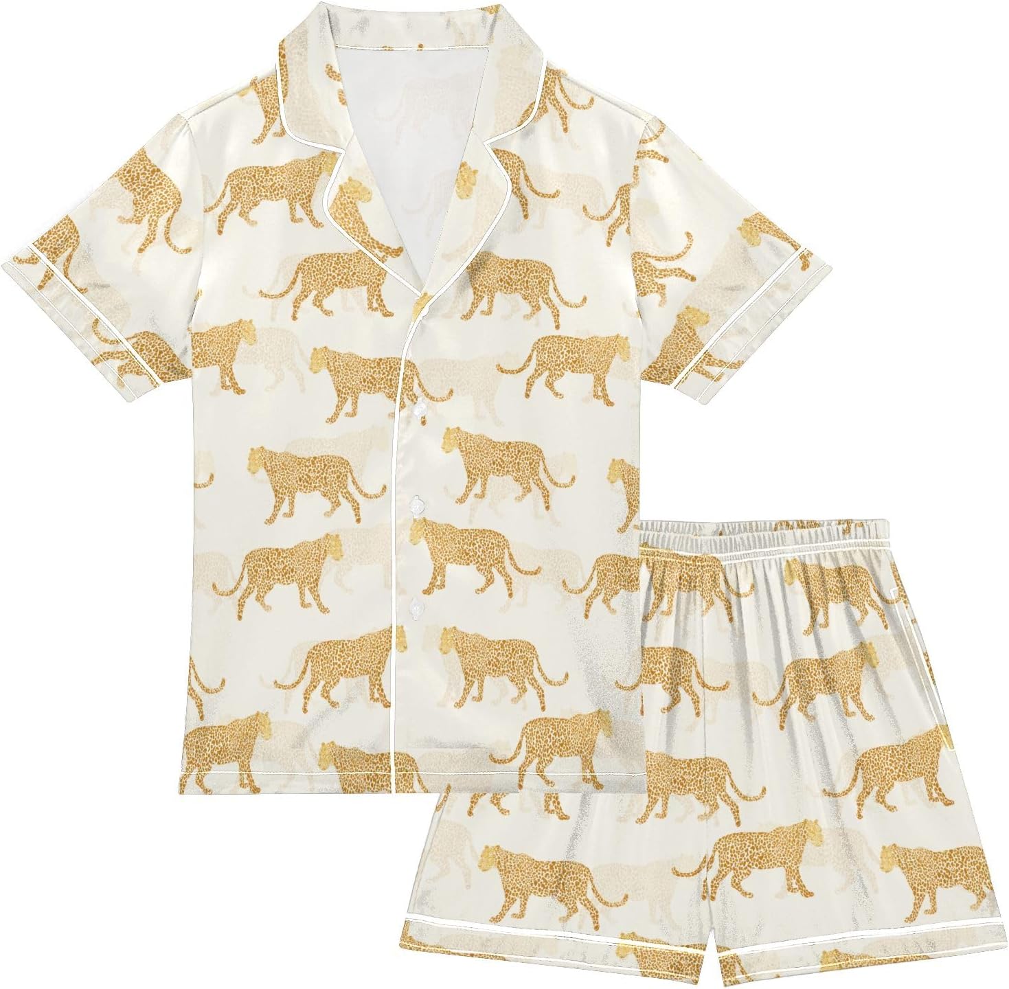 Kids Satin Wear Set Golden Cheetah Pattern Relaxing Clothing Short Sleeve and Shorts
