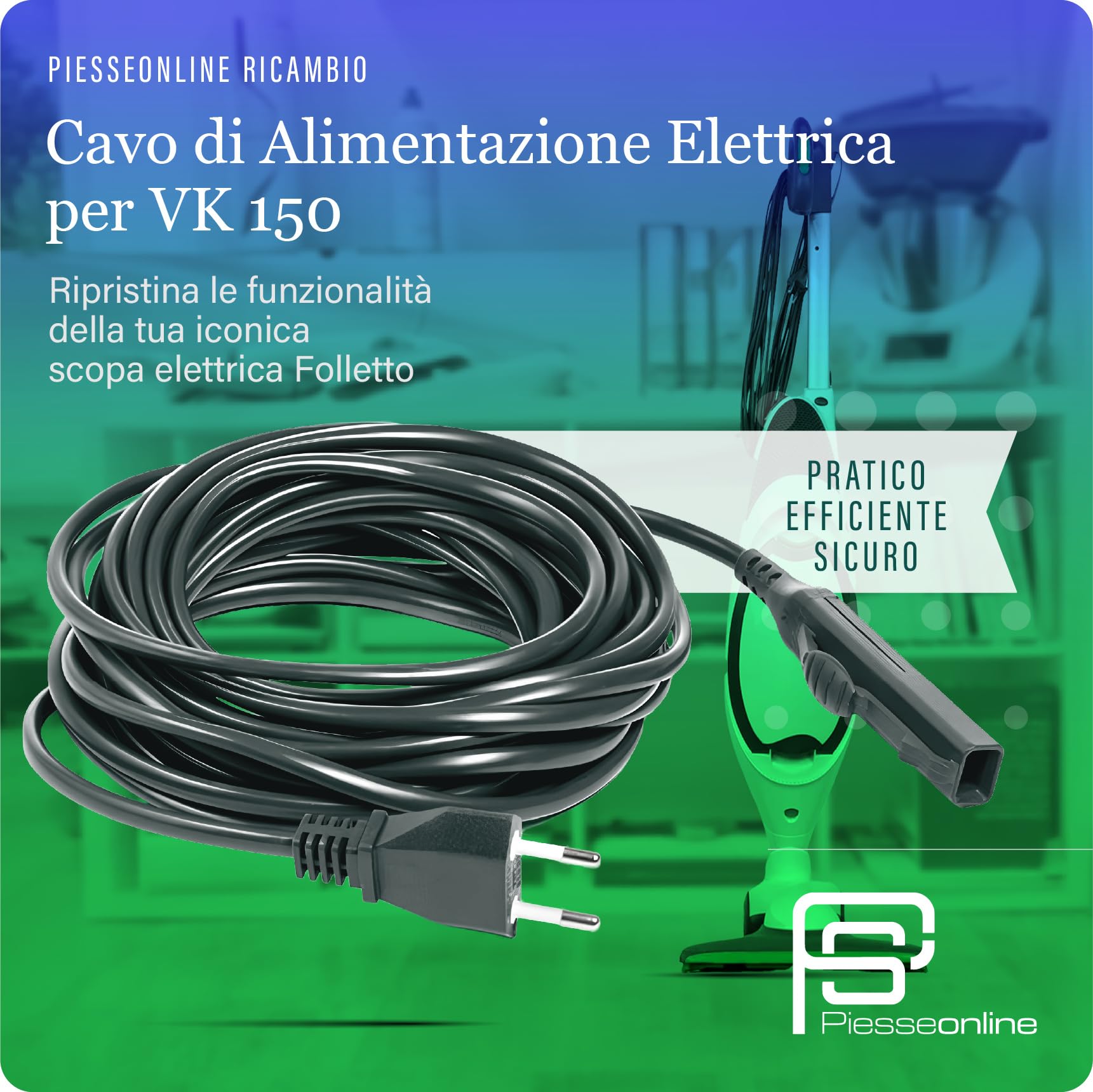 PIESSEONLINE - Cavo di Ricambio per Folletto VK 150 – Cavo Alimentazione Aspirapolvere da 7 Metri – Compatibile, Resistente e Facile da Installare con Spina Italiana, Grigio