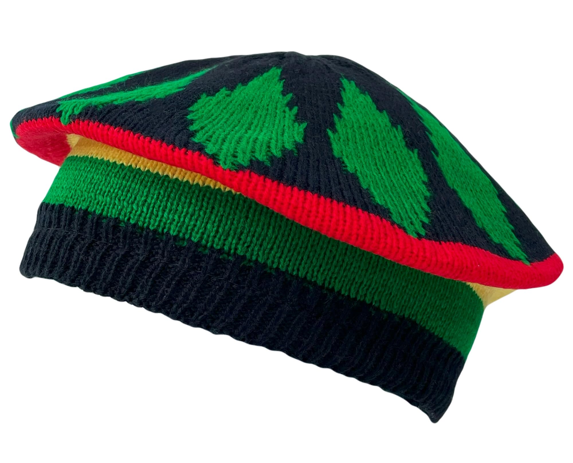 Itzu Men's Green Diamonds (Tam) Rastacap Tam Beret Beanie Hat Cap Crochet Knit In