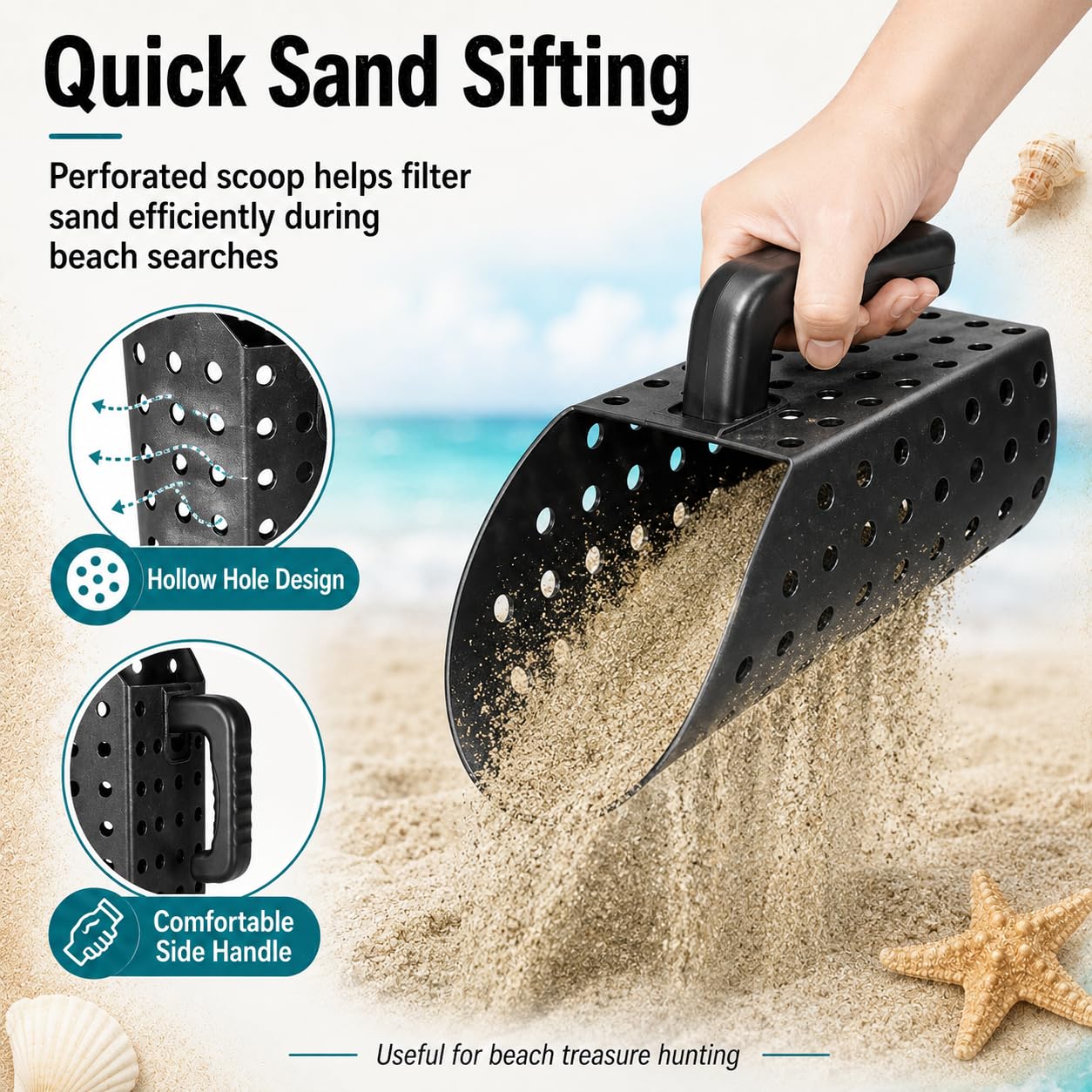 Pelle à Sable Détection Métaux, Pelle Tamis Plage Portable, Détecteur de Métaux Ultra-Léger en Acier Inoxydable
