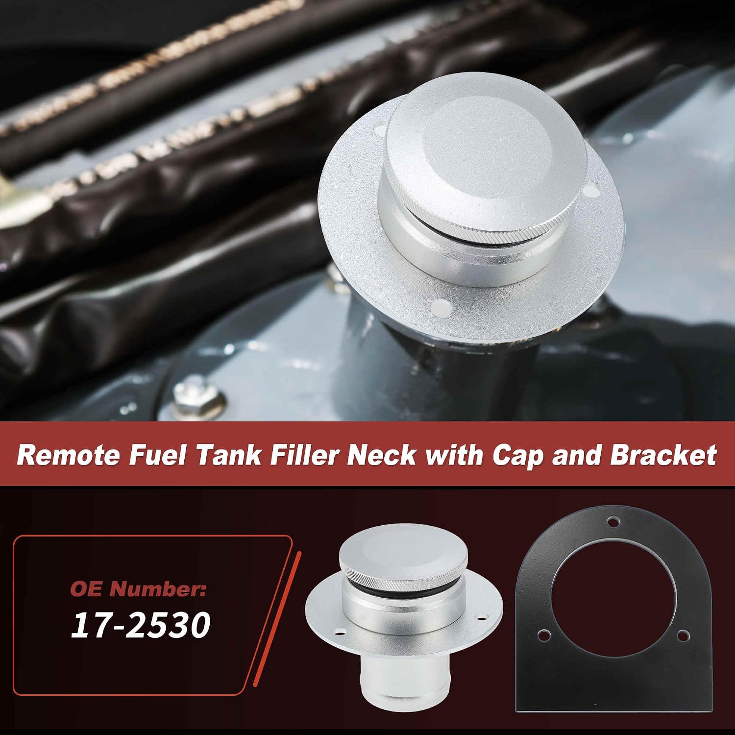 No.17-2530 Remote Fuel Tank Filler Neck Fit 2" Inch Straight Hose Connection with Billet Aluminum Gas Cap and Weld-On Steel Mount Bracket for Offroad Vehicles ATVs