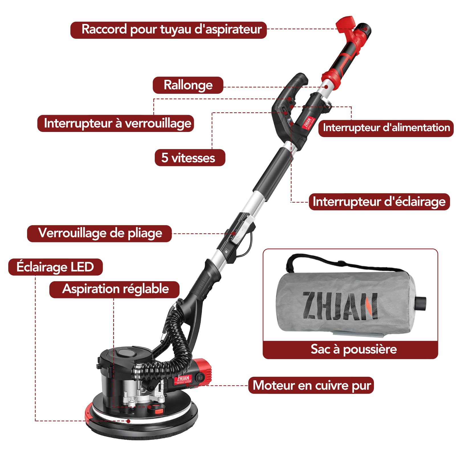 Ponceuse Girafe (880W) avec Aspiration de Poussière,1000-2100 RPM 5 Vitesses,Polissage en Angles Morts, Manche Télescopique,LED,Outil de Retrait de Plafond Popcorn【Compatible Aspirateurs】