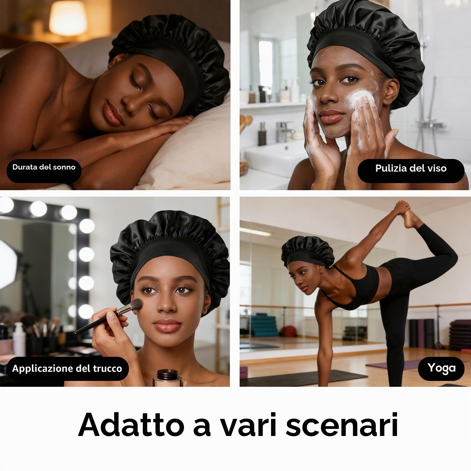 Romon Cuffia di Seta per La Notte Capelli Ricci, 2 Pezzi Cuffia in Seta Respirante Regolabile, Berretto da Notte per Donna con Capelli Lunghi O Ricci, Nero
