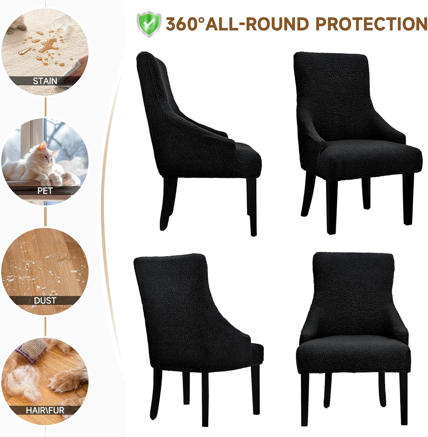 Teddy Wool Wingback Dining Chair Cover Fashion Accent Chair Cover Slipcover Thickened Luxurious Washable Wingback Side Chairs Protector Covers Reusable for Dining Room Banquet Decor (Black, 4)