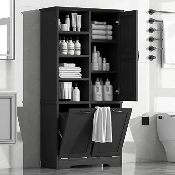 Tall Laundry Cabinet with 2 Tilt Out Laundry Hamper, Wood Bathroom Storage Cabinet with Doors and Adjustable Shelves Freestanding Black