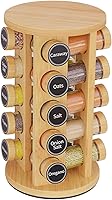 New England Stories Bamboo Revolving Spice Rack with 20 Jars & 386 Labels - Rotating Kitchen Organizer for Countertop Cabinet