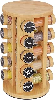 New England Stories Bamboo Revolving Spice Rack with 20 Jars & 386 Labels - Rotating Kitchen Organizer for Countertop Cabinet
