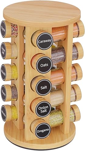 New England Stories Juego de estante giratorio para especias con 20 tarros de especias, organizador de torre de especias de cocina para encimera o