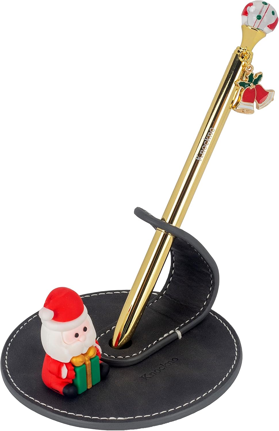 Christmas Novelty Pen and Leather Desk Pen Stand Holder, Unique Fun Writing Gift Pens, Office Home School Party Decor, Santa Claus, Santa hat, Christmas bell, Gold