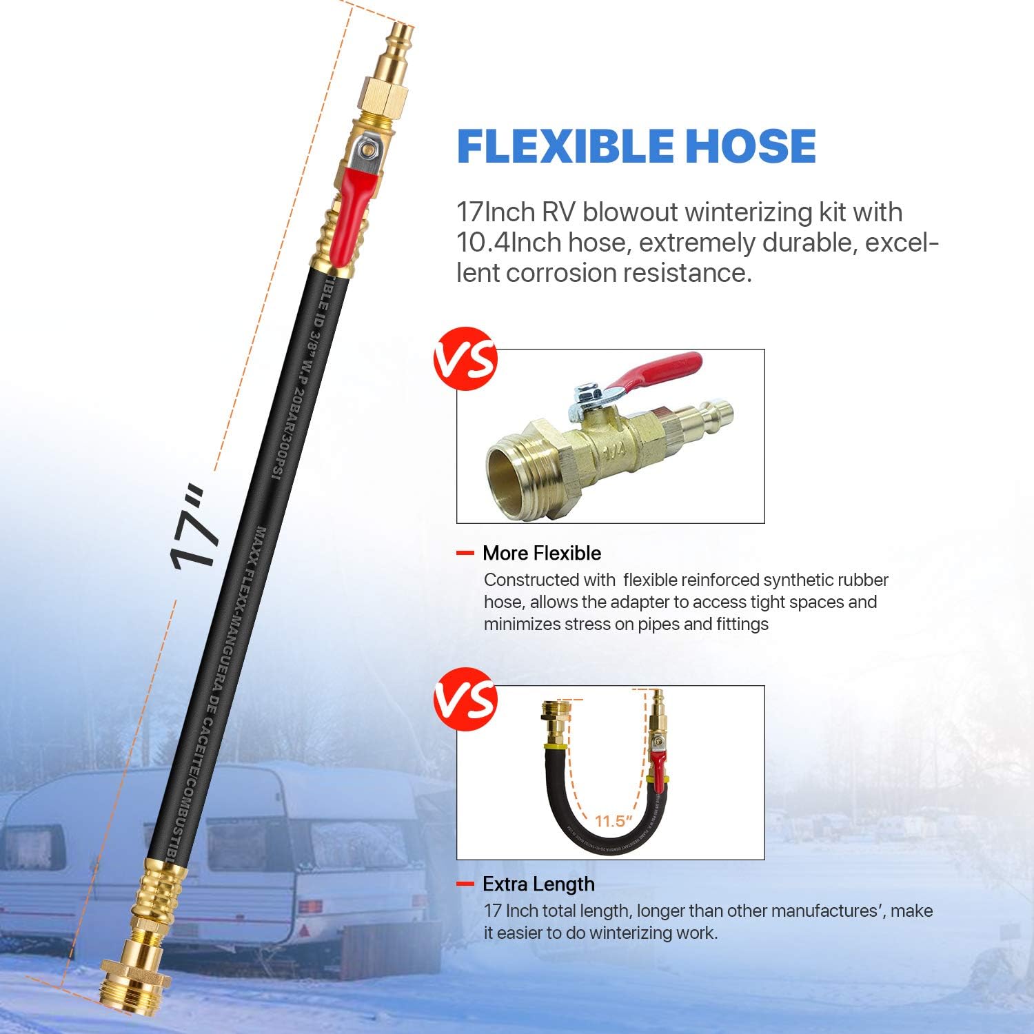 Dual Purpose RV Winterizing Kit with Air Adjusting Valve, 17Inch Hose Blow Out Fitting Adaptor 3/4" Male&Female GHT Quick Connect Blowout Plug for Winterizing RV, Camper, Travel Trailer, Garden Hose