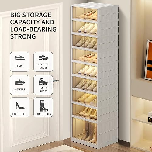 Miniatura 4 de Zapatero plegable de 9 niveles para armario, 18-36 pares de estantes plegables de plástico para zapatos, estantes apilables transparentes plegables