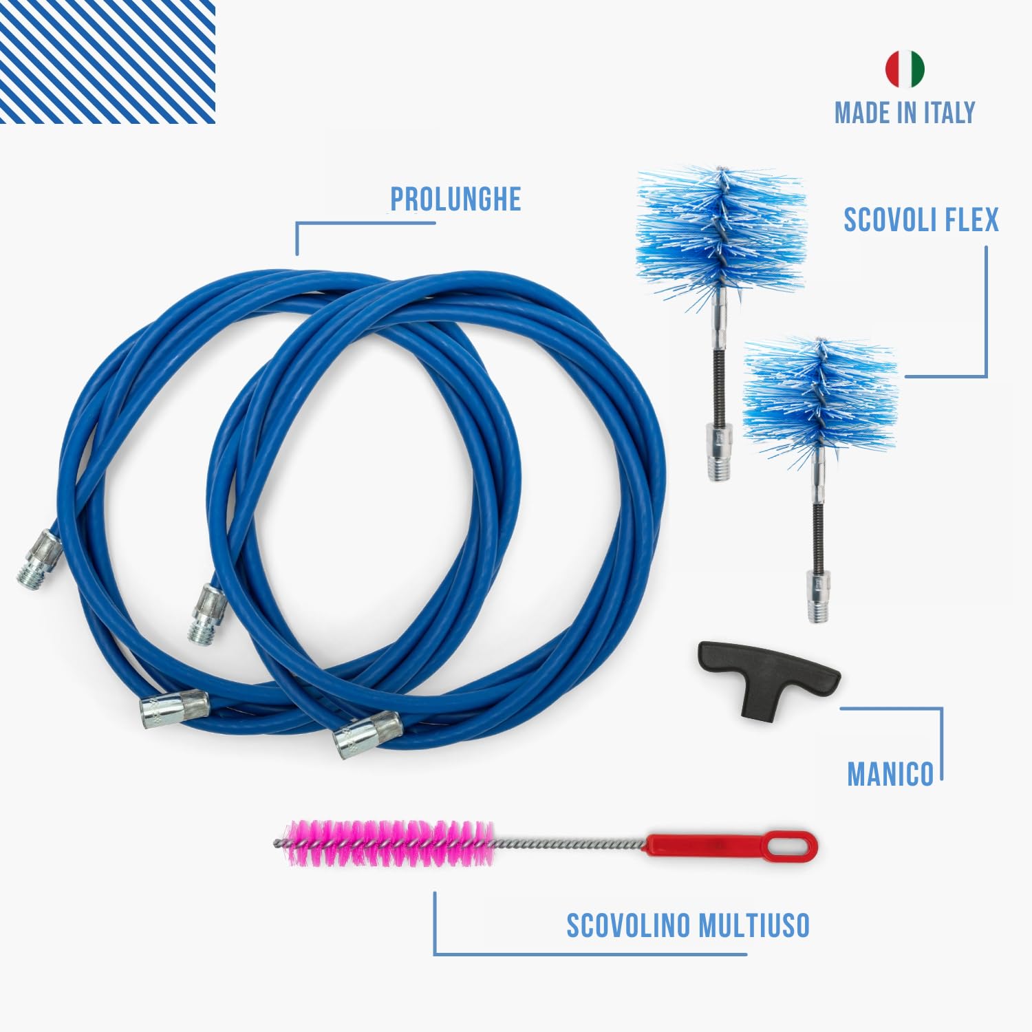 BARETTO FLEX | Kit Pulizia Stufa a Pellet | Canna Fumaria Ø 80 + 100 mm | Lunghezza 6 m | 2 Spazzole Snodate | Attacco M12
