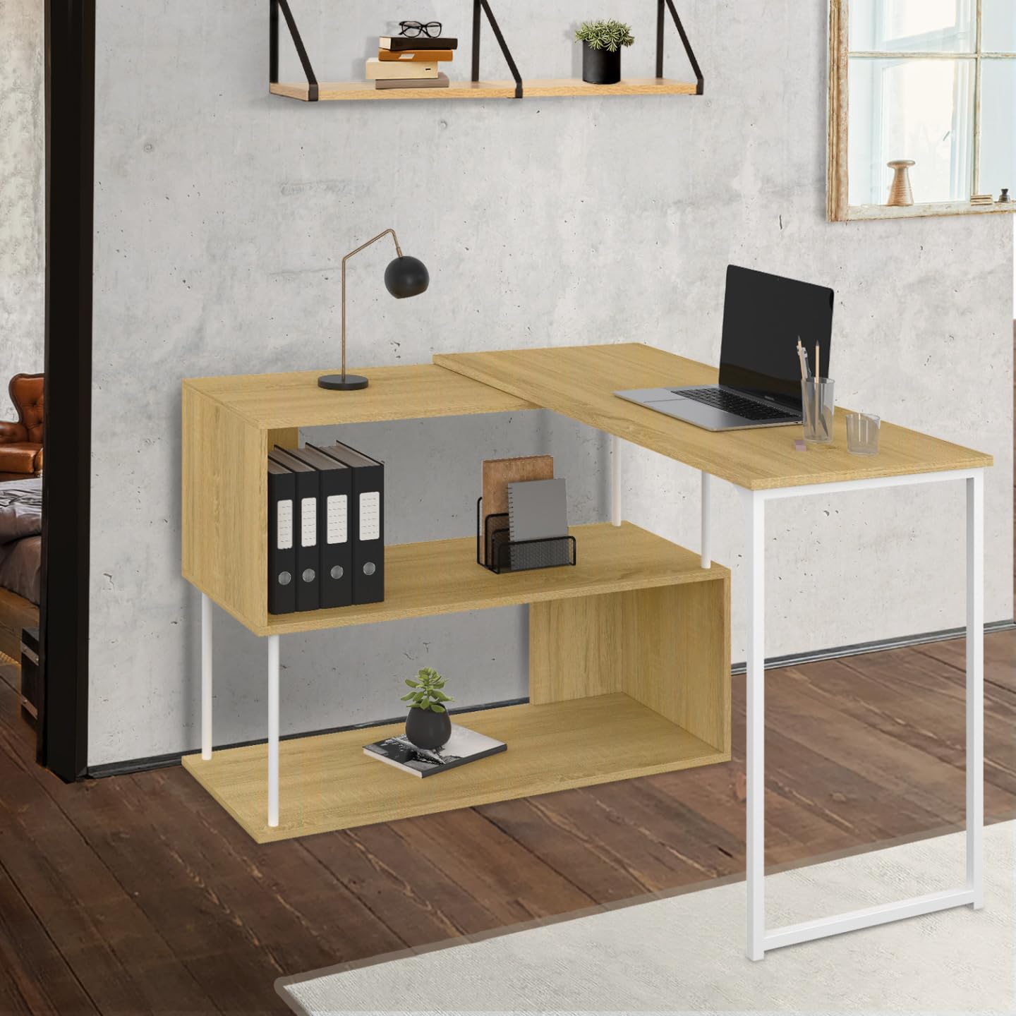 IDMarket - Escritorio esquinero giratorio 180° DETROIT Estantería en forma de S diseño industrial madera y metal blanco