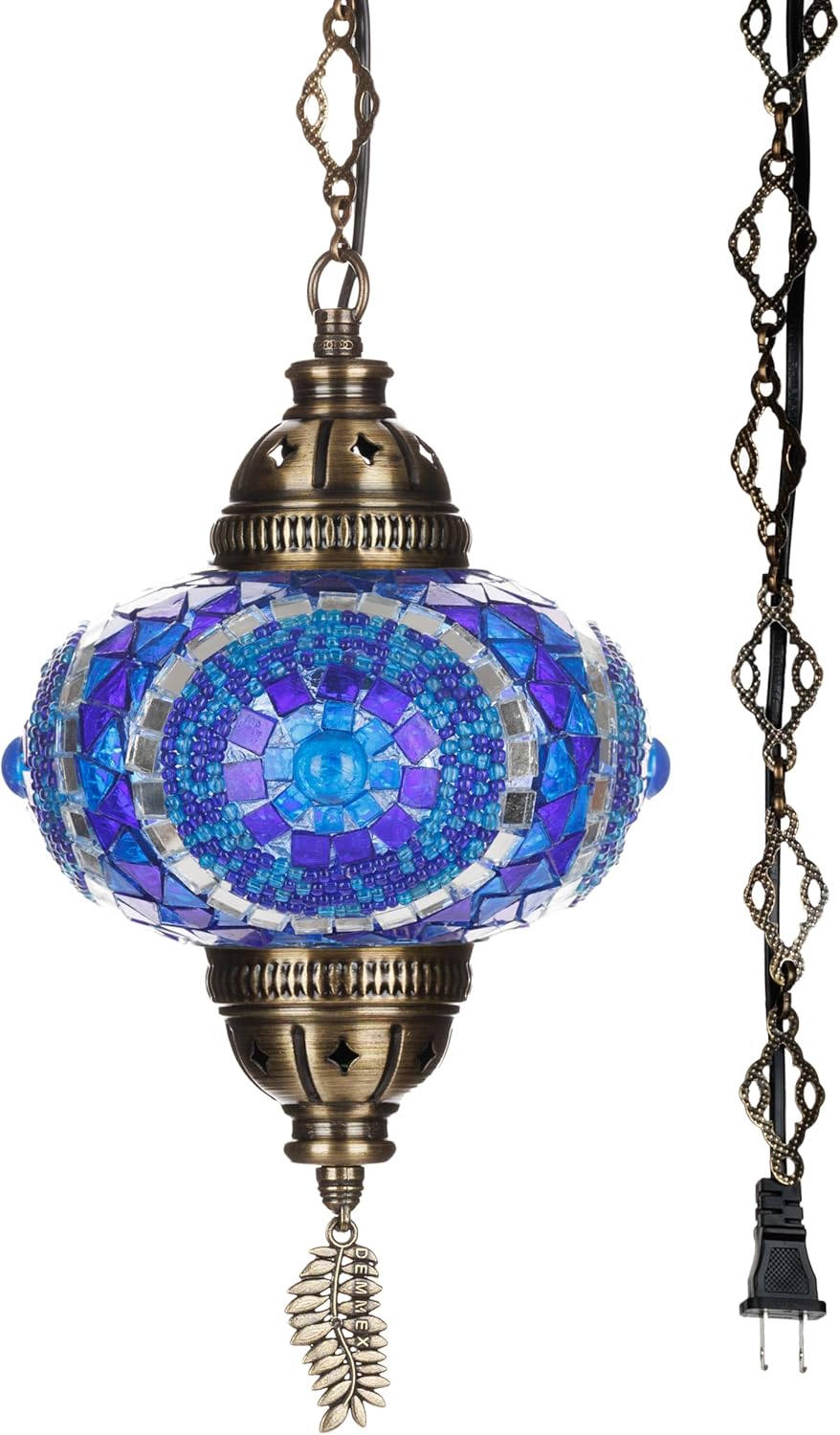 DEMMEX Plug in Pendant Light, Turkish Moroccan Mosaic Ceiling Hanging Pendant Light Fixture Lamp, 6.5" Shade, 15ft Thick Leaf Type Metal Chains, Cord & Plug (Blue)